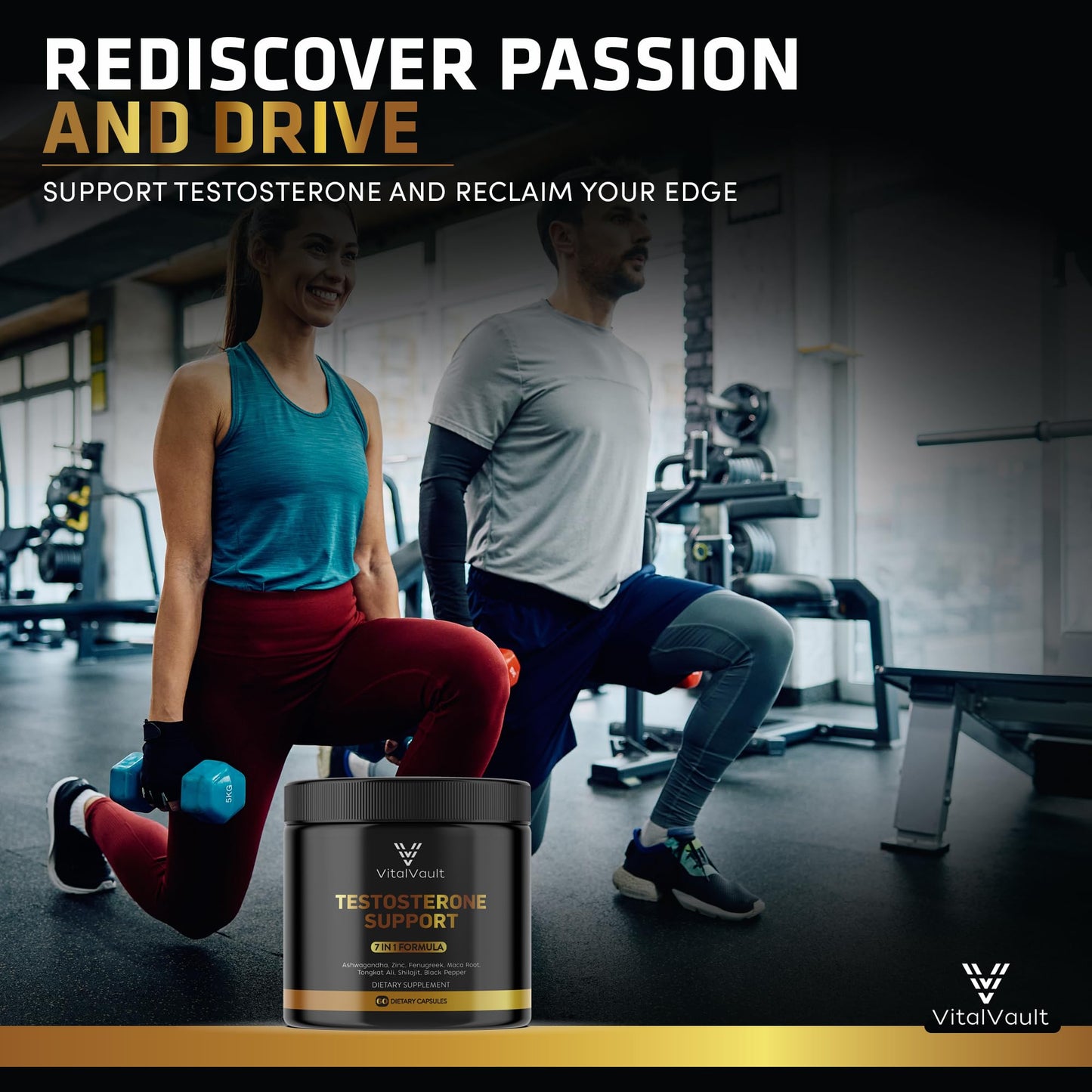 VitalVault 7-in-1 Testosterone & Strength Support - Natural Supplement for Men with Ashwaganda, Shilajit, Fenugreek, Maca Root, Tongkat Ali, Black Pepper & Zinc - 1 Month Supply (60 caps) - Medaid International