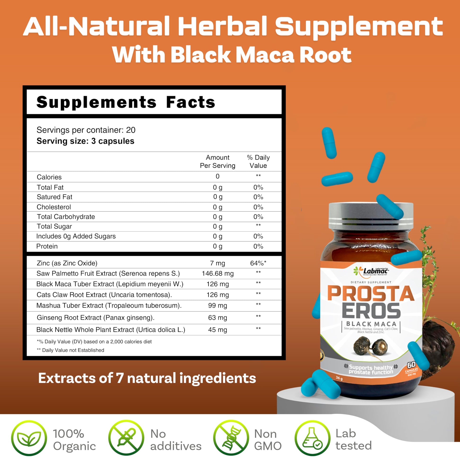 Prosta Eros - ProstaEros- Prostate Support Supplement - 7 Natural Ingredients- Black Maca, Saw Palmetto, Mashua, Cat's Claw, Gingseg, Black Nettle and Zinc. Capsules 60 Count (Pack of 1) - Medaid International