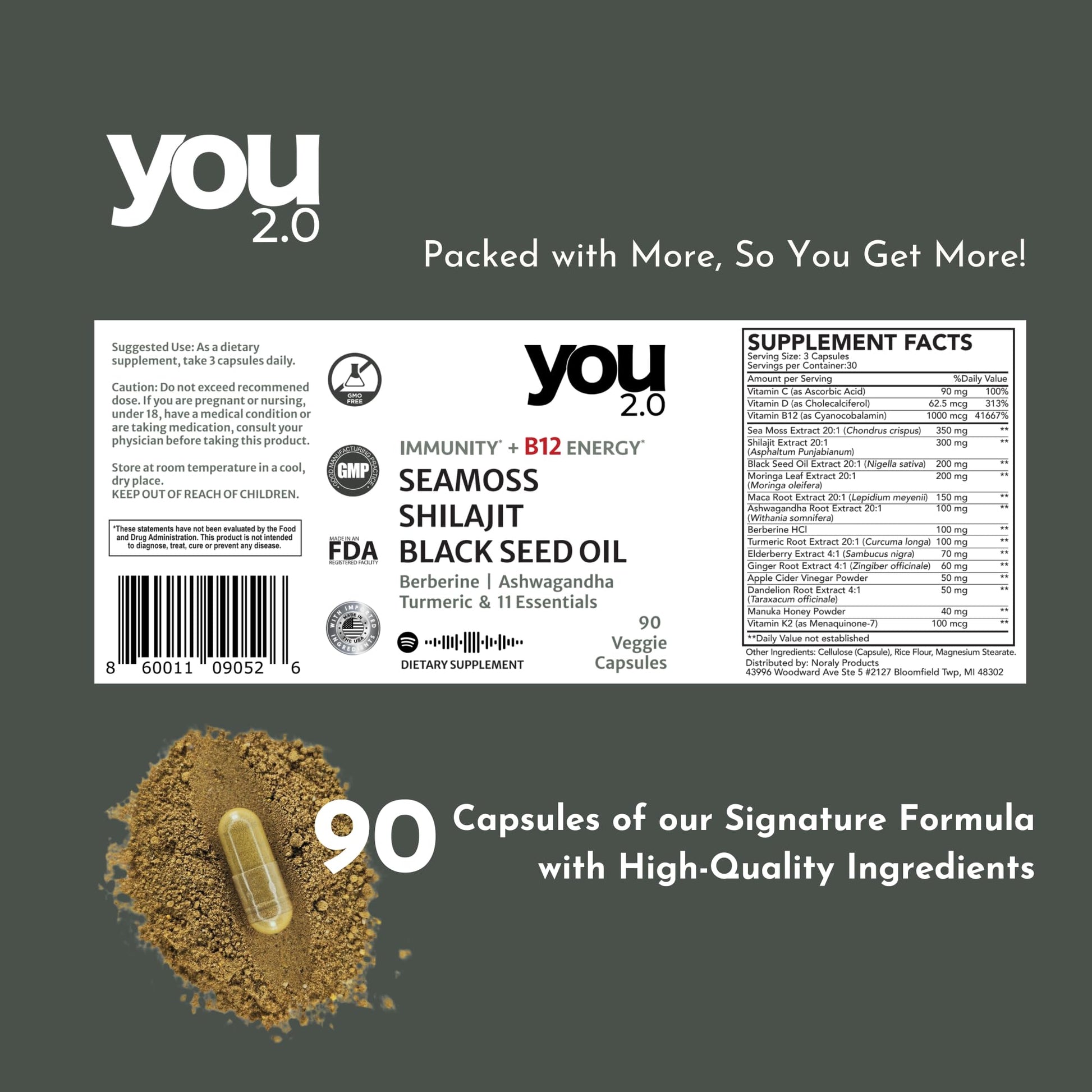 YOU 2.0 Powerhouse Superfood with Seamoss, Shilajit, Ashwagandha, Berberine, Maca, Black Seed Oil, Turmeric, Vitamin C, D, B12, K2 - Moringa, Apple Cider, Made in USA for Overall Health & Immunity - Medaid International