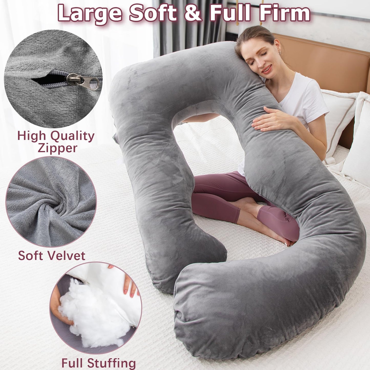 MOON PINE Pregnancy Pillow, U Shaped Full Body Pillow for Maternity Support, Sleeping Pillow with Cover for Pregnant Women (Dark Grey) - Medaid International