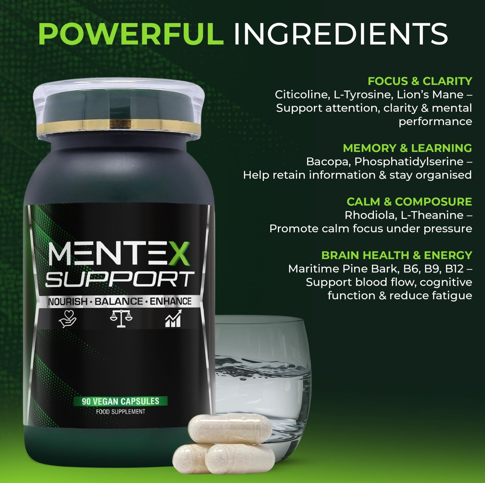 Mentex Nootropics Brain Support Supplement – Brain Supplement with Lion's Mane, Citicoline, Rhodiola & Bacopa – Cognitive Support for Focus, Memory & Mental Clarity – 90 Vegan Capsules - Medaid International