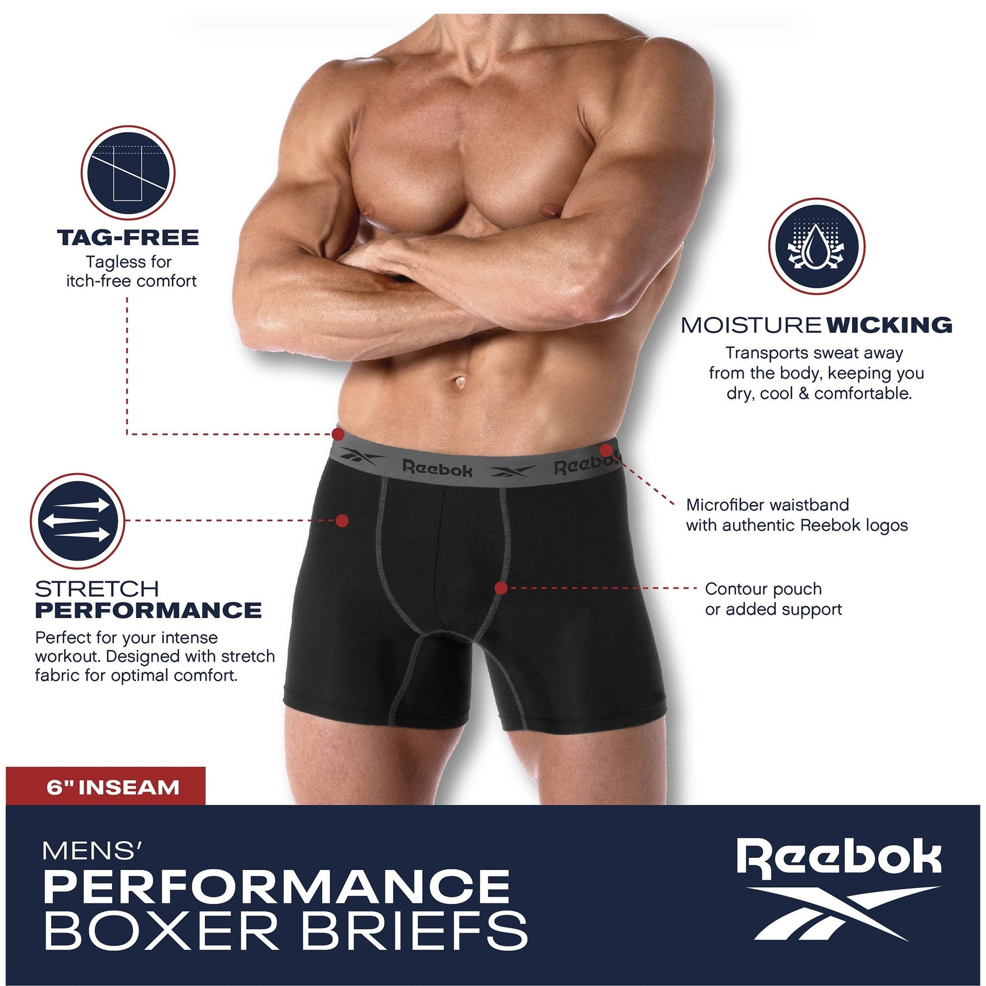 Reebok Mens Boxer Briefs - 4 Pack Moisture Wicking Stretch Performance Mens Underwear Boxers with Contour Pouch (Sizes: S-XL), Size Large, Rain Forest/Black/Legion Blue/Blackened Pearl - Medaid International