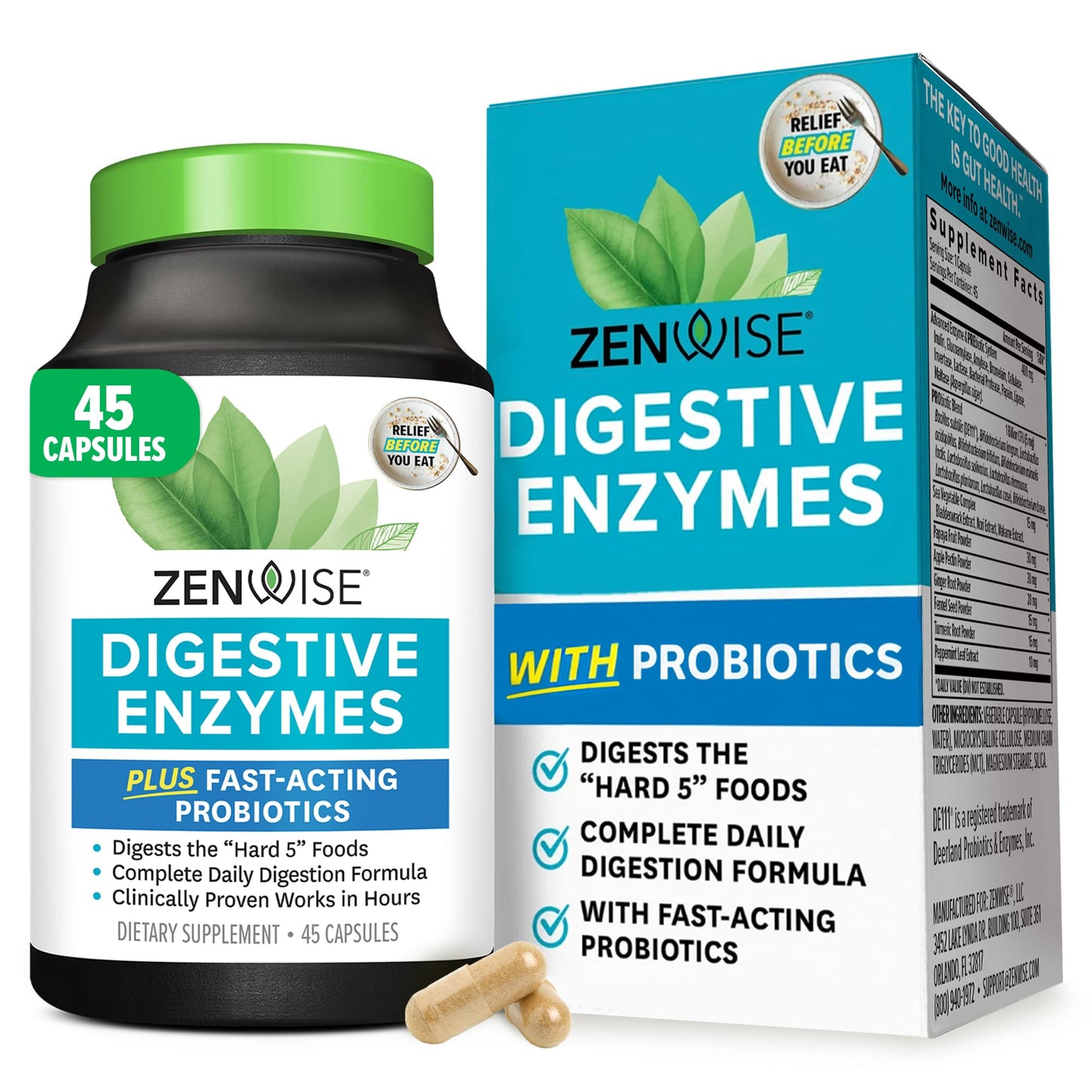 Zenwise Health Digestive Enzymes for Gut Health & Bloating Relief - Multi Enzymes Digestion Supplement with Probiotics, Bromelain & Papaya for Digestive Health Support - Men & Women - 45 Count - Medaid International