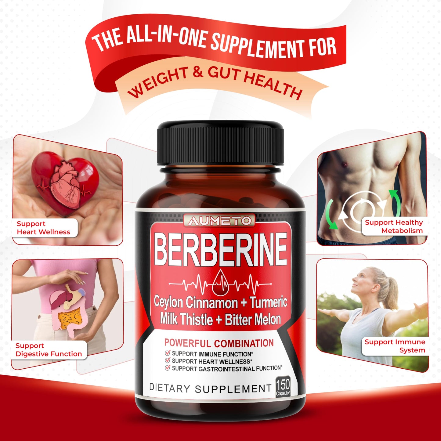 Berberine Supplement - Enhanced with Ceylon Cinnamon, Turmeric, Milk Thistle, Bitter Melon for Digestion, Immunity & Weight Managament (150 Count (Pack of 1)) - Medaid International