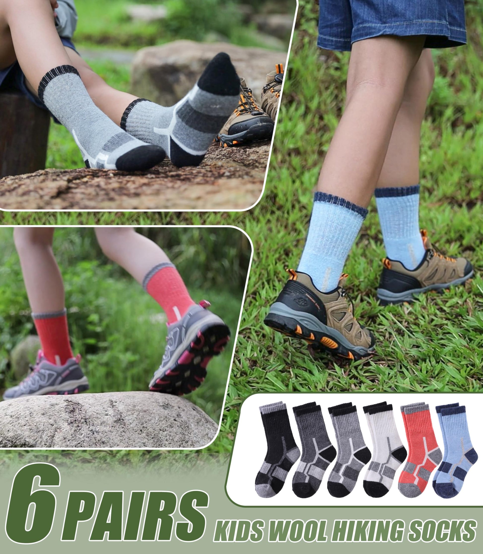 NOCIN COLOR Kids Merino Wool Hiking Socks Boys Girls Toddlers Thermal Winter Warm Boot Thick Cushion Socks 6 Pairs （6 Pairs Mix Color C，8-12 Years） - Medaid International