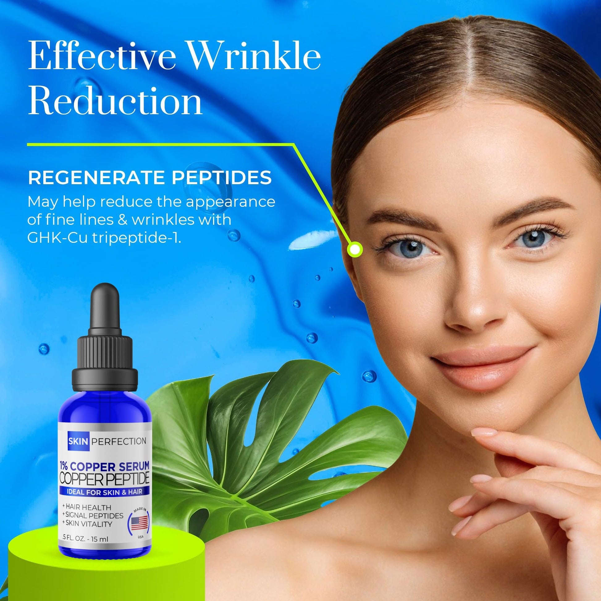 Skin Perfection GHK-CU Copper Peptides Serum for Face & Hair - Copper Peptide for Skin, Hair & Scalp - 1% Blue Liquid for Face, Neck, Body, and Scalp – Multi-Use Serum Booster with Dropper 0.5 fl oz - Medaid International
