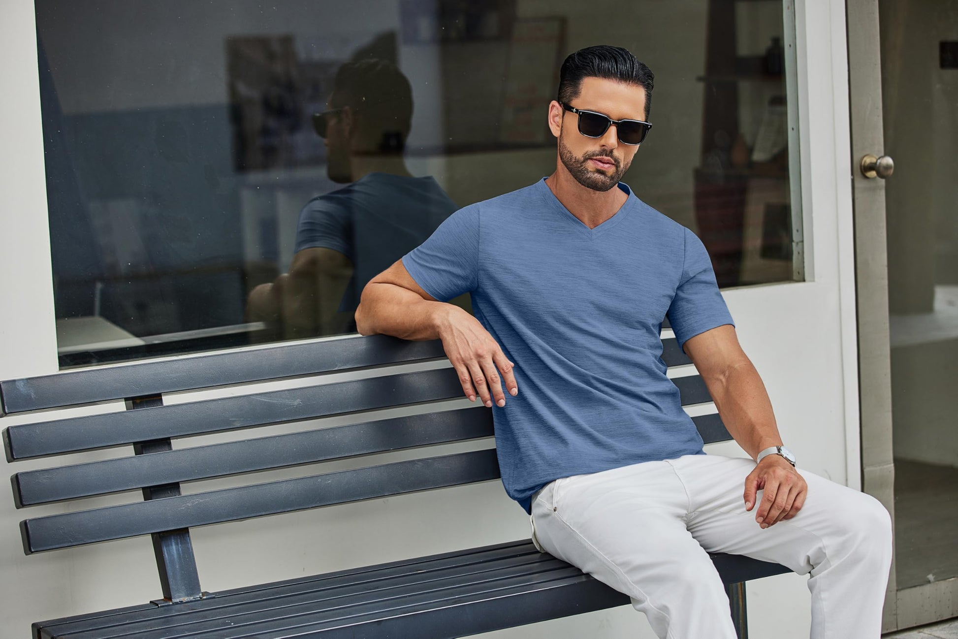 COOFANDY Men's T Shirts Short Sleeve Classic V Neck T-Shirt Casual Summer Basic Tee Shirt Dark Blue - Medaid International