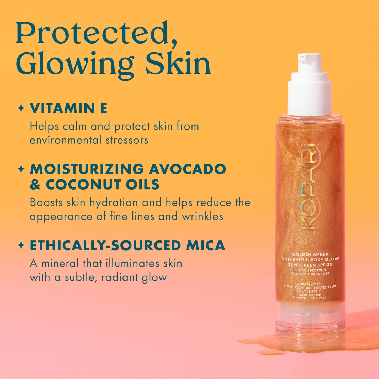 Kopari Sun Shield Body Glow, Broad Spectrum SPF 30, Lightweight Shimmering Gel Texture Absorbs Quickly, Non Sticky, Glowing Results, Golden Amber 5 oz - Medaid International