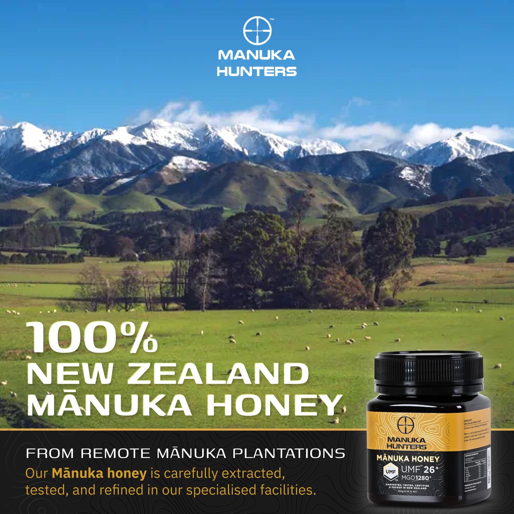 Manuka Hunters UMF 26+/MGO 1280+ Certified New Zealand Manuka Honey - 100% Pure Natural Sweetener - Gluten, Dairy Free - Ideal for Tea, Coffee, Smoothies, and Baking - Sustainable - 8.8oz/250g Jar - Medaid International