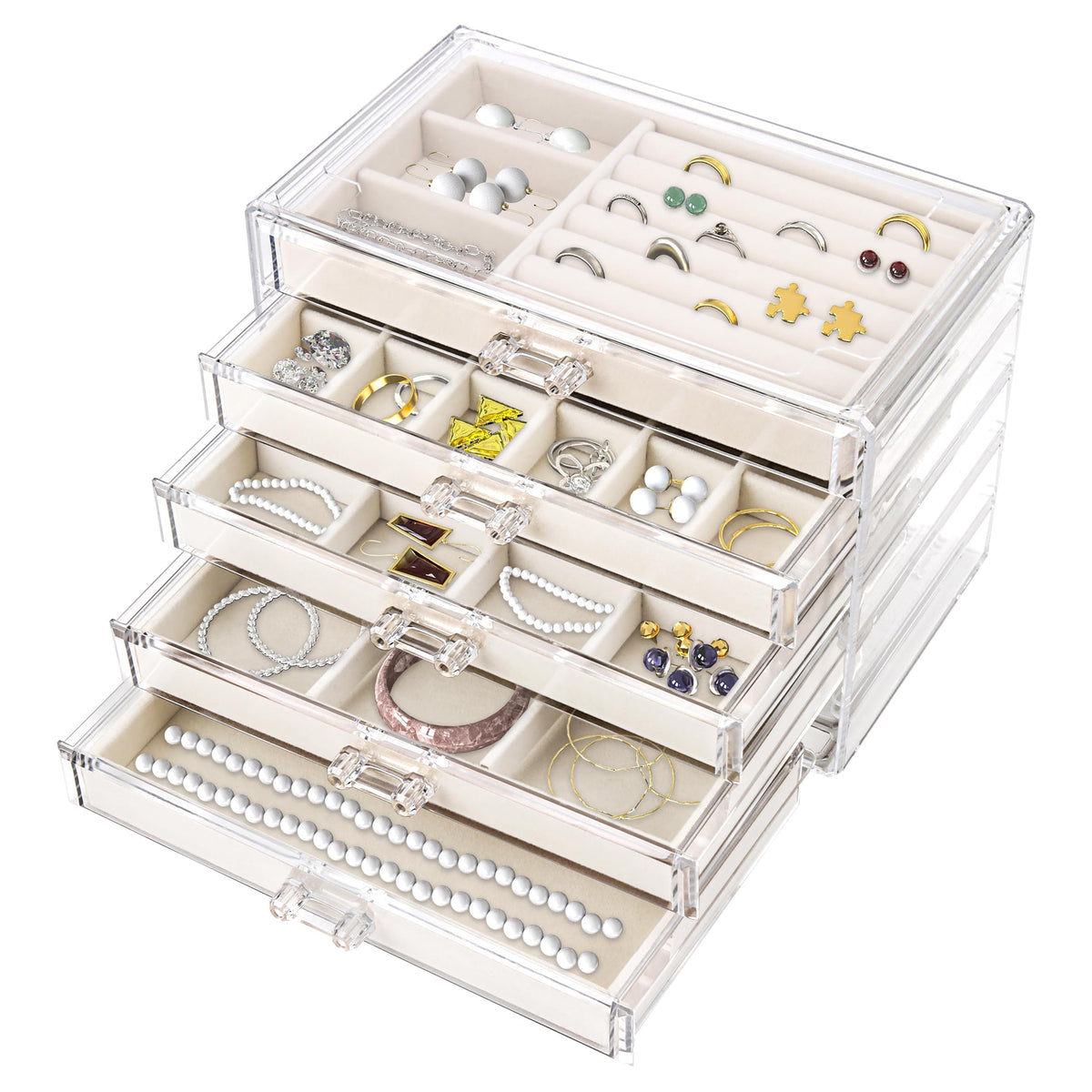 TERRIFI Acrylic Jewelry Organizer with 5 Drawers, Velvet-Lined Jewelry Storage Display, Earring Holder and Necklace Organizer, Elegant Gift for Women, Ideal for Storing and Displaying Jewelry