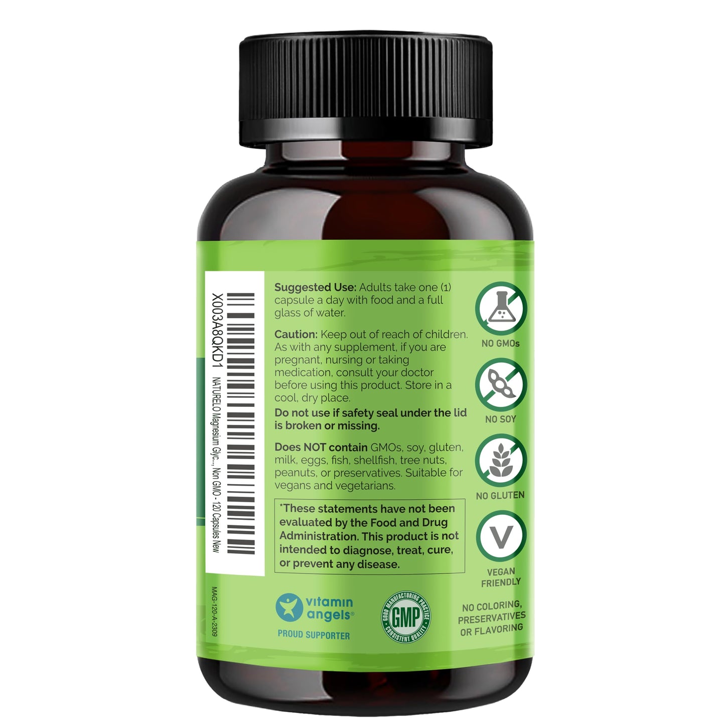 NATURELO Magnesium Glycinate Chelate Complex - 200 mg Magnesium with Organic Vegetables to Support Sleep, Calm, Muscle Cramp & Stress Relief - Gluten Free, Non GMO - 120 Capsules - Medaid International