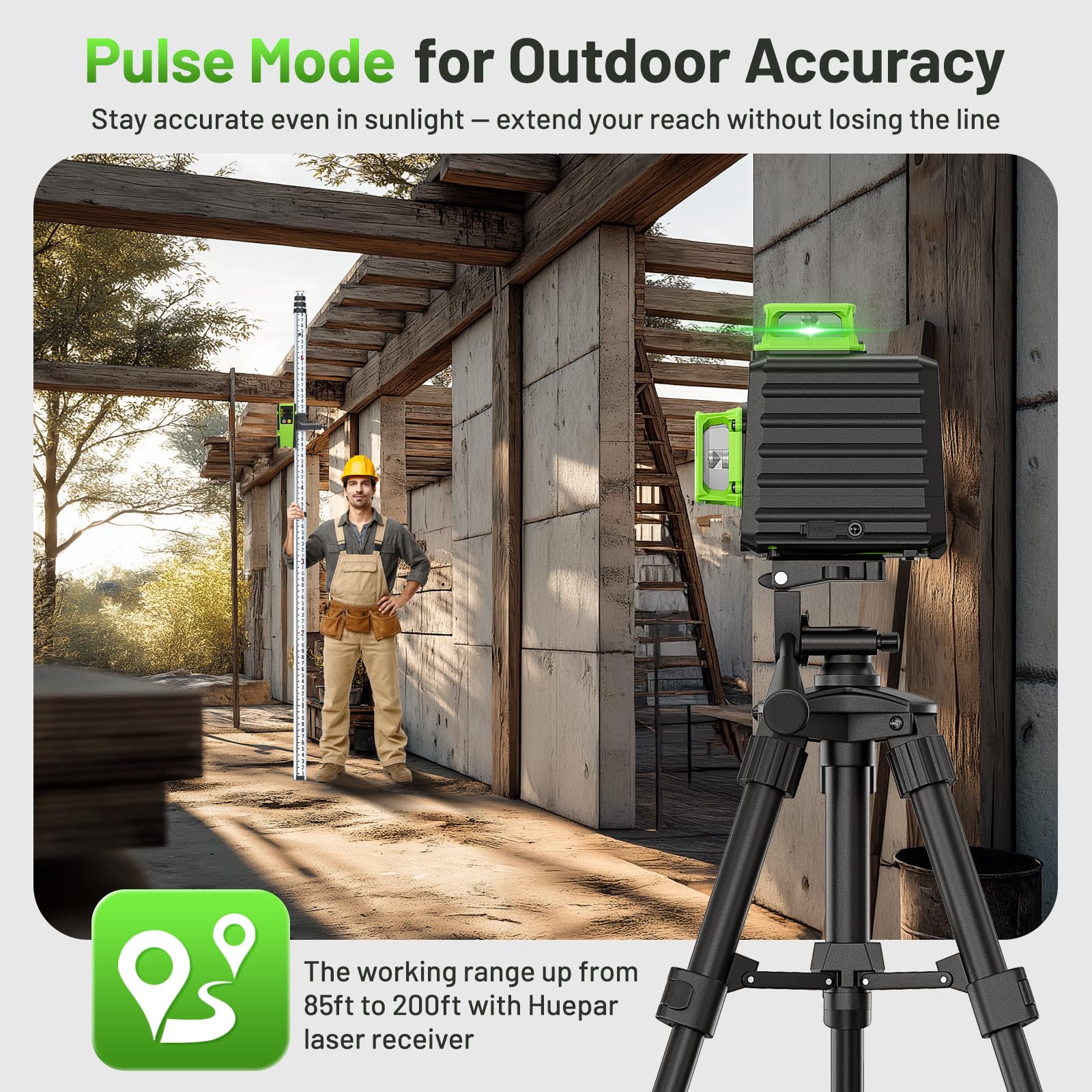 HUEPAR Laser Level 360 Self Leveling, Rechargeable 3D High Brightness Green Laser 3x360° Best Laser Leveler Tool for Construction and Picture Hanging, Strong Magnetic Bracket & Hard Suitcase -B03CG - Medaid International