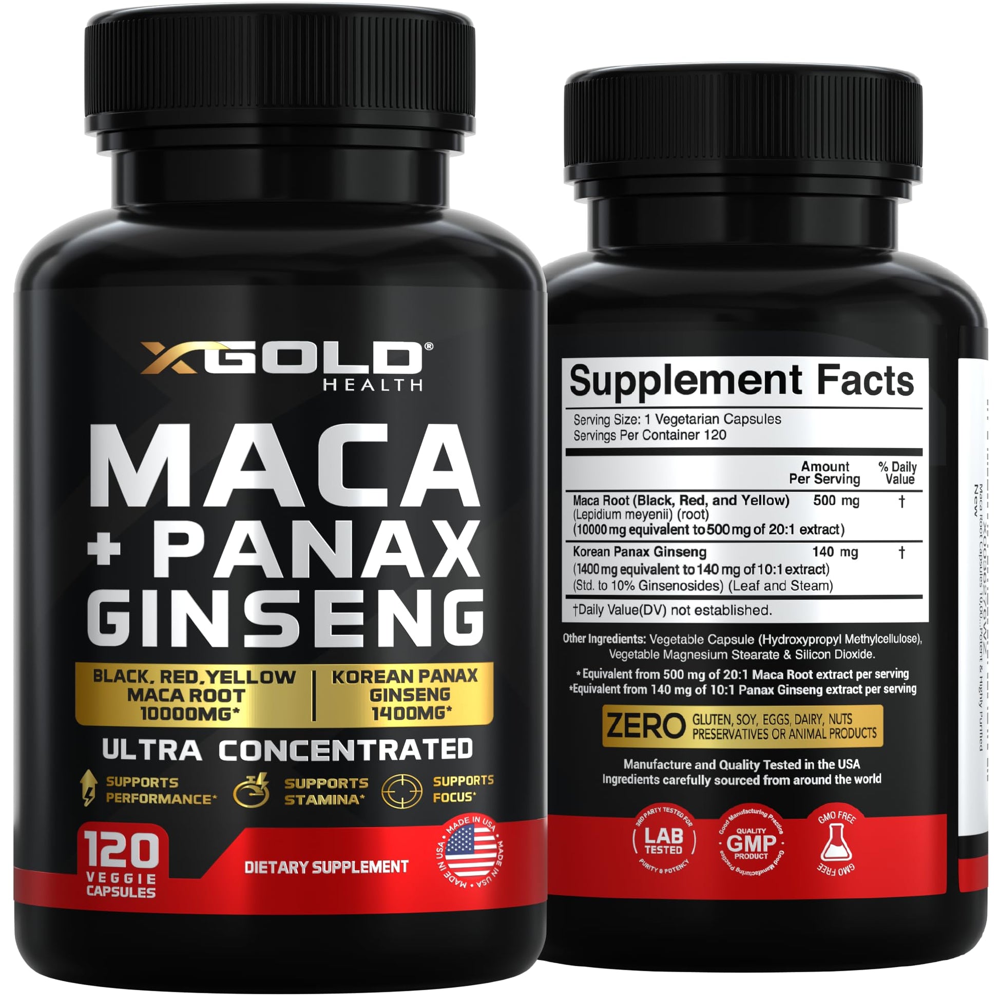 Maca Root Capsules 10,000mg + Korean Panax Ginseng 1,400mg - 20x Concentrated Extract Black + Red + Yellow Maca Root, 10x Concentrated Extract Panax Ginseng Capsules - Ultra Potent & Highly Purified - Medaid International