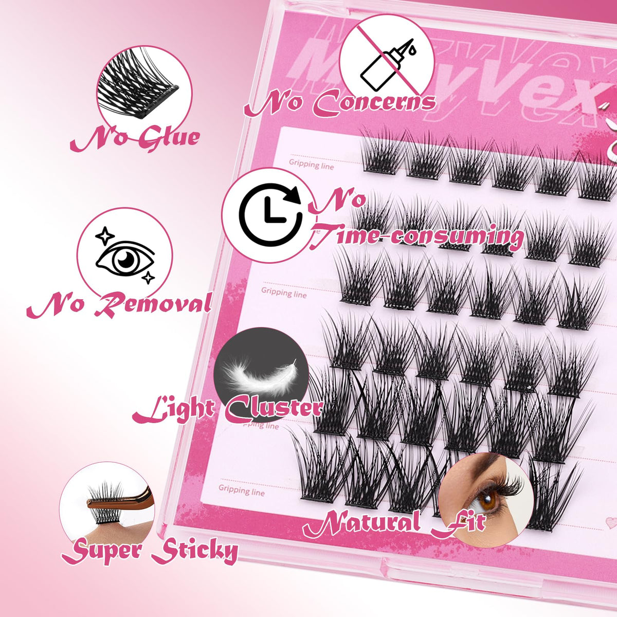 36pcs Self Adhesive Lash Clusters Reusable DIY Eyelash Extensions - D Curl 10-16mm Pre-Glued Lash Clusters No Glue Needed, Includes Tweezers for 1-STEP Easy Application