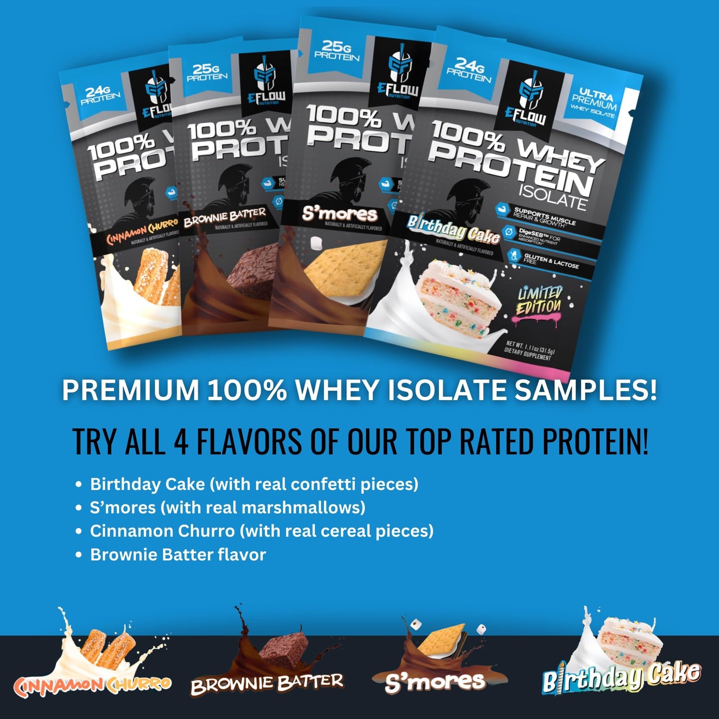 eFlow Nutrition Whey Protein Sample Variety - Isolate Protein Powder Samples, Low Calorie, Fast-digesting, Premium Quality, Travel Packs, Low Carb (4 Pack) - Medaid International