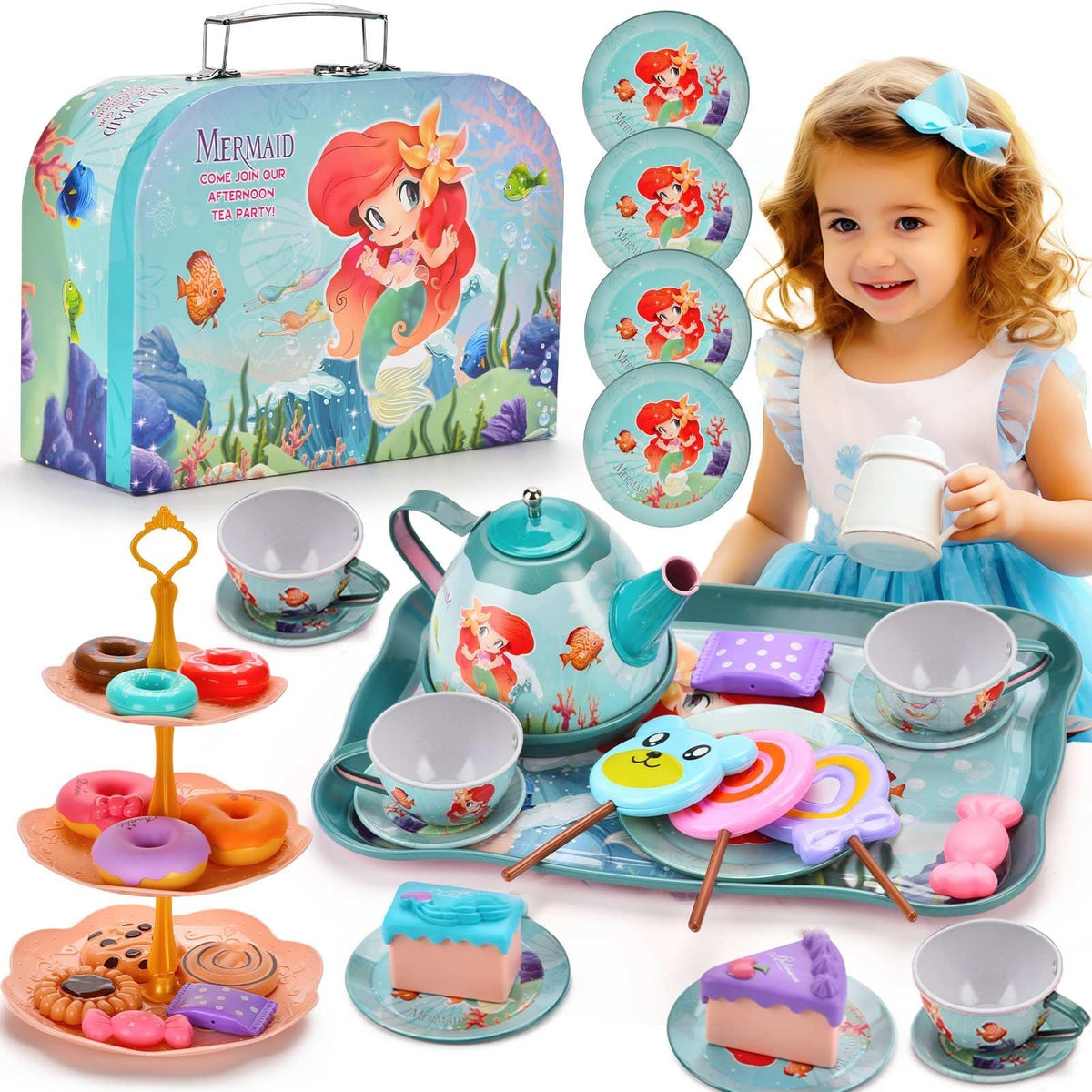 Unicorn Gifts Tea Party Set for Little Girls, Gift for Age 3 4 5 6 Year Old, Princess Tea Set Toys for Little Girls, Kids Kitchen Pretend Toy with Tin Tea Set (Unicorn Theme)