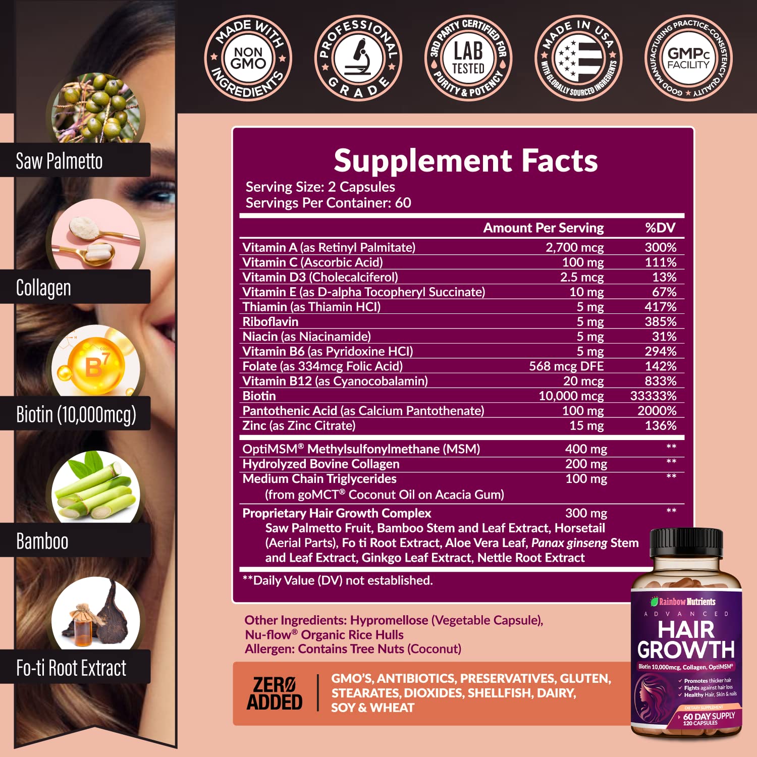 Hair Growth Vitamins for Women | Biotin 10,000mcg, Collagen, Patented OptiMSM®, goMCT®, Saw Palmetto | Naturally Regrow Stronger & Healthier Hair, Skin and Nails | Stops Hair Loss | 60 Day Supply - Medaid International