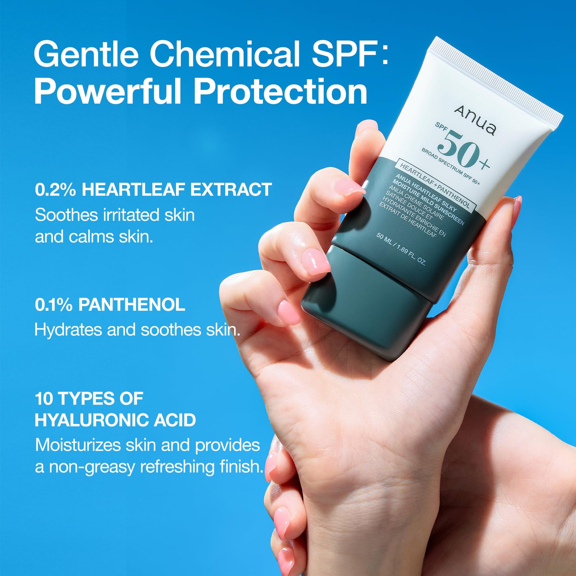 Anua Heartleaf Silky Moisture Mild Sunscreen, Broad Spectrum SPF 50+ with Moisturizing Formula, Lightweight Korean Sunscreen, Natural finish, Vegan, korean skin care 50ml / 1.69 fl. oz. - Medaid International