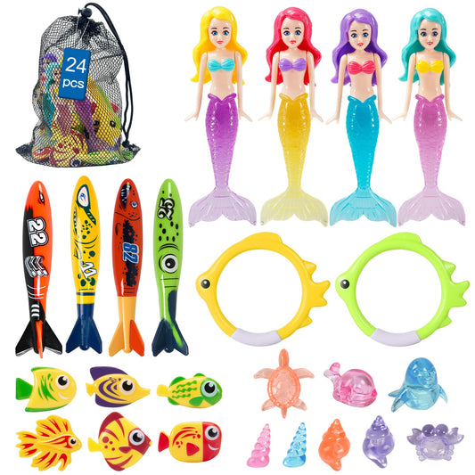 24 Pcs Diving Pool Toys for Kids, Mermaid Dive Toys Set with Underwater Fish, Dive Rings, Torpedo Bandits, Sinking Sea Animals with Storage Mesh Bag, Summer Pool Party Swimming Training Toys