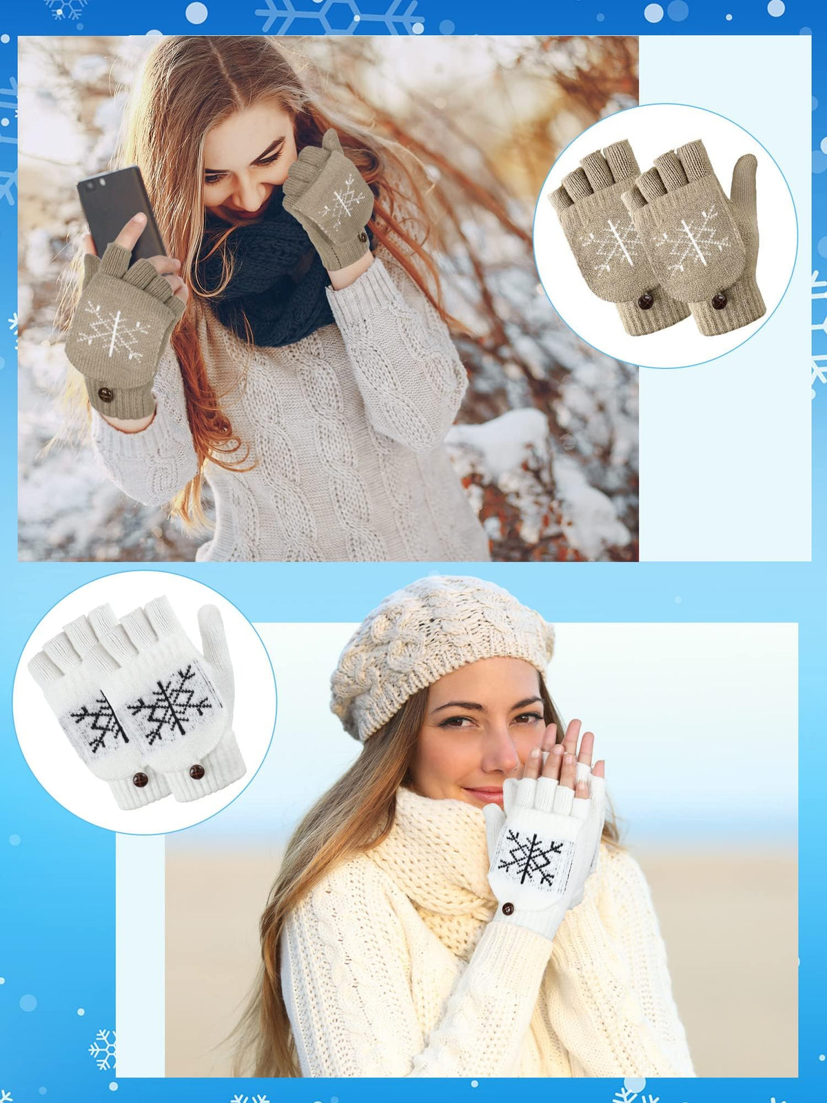 KASTWAVE 4 Pairs Women’s Winter Knitted Convertible Fingerless Gloves – Flip Cover Wool Mittens (White/Black/Gray/Khaki) | Warm Half-Finger Gloves for Typing/Writing/Chores, One Size Fits Most