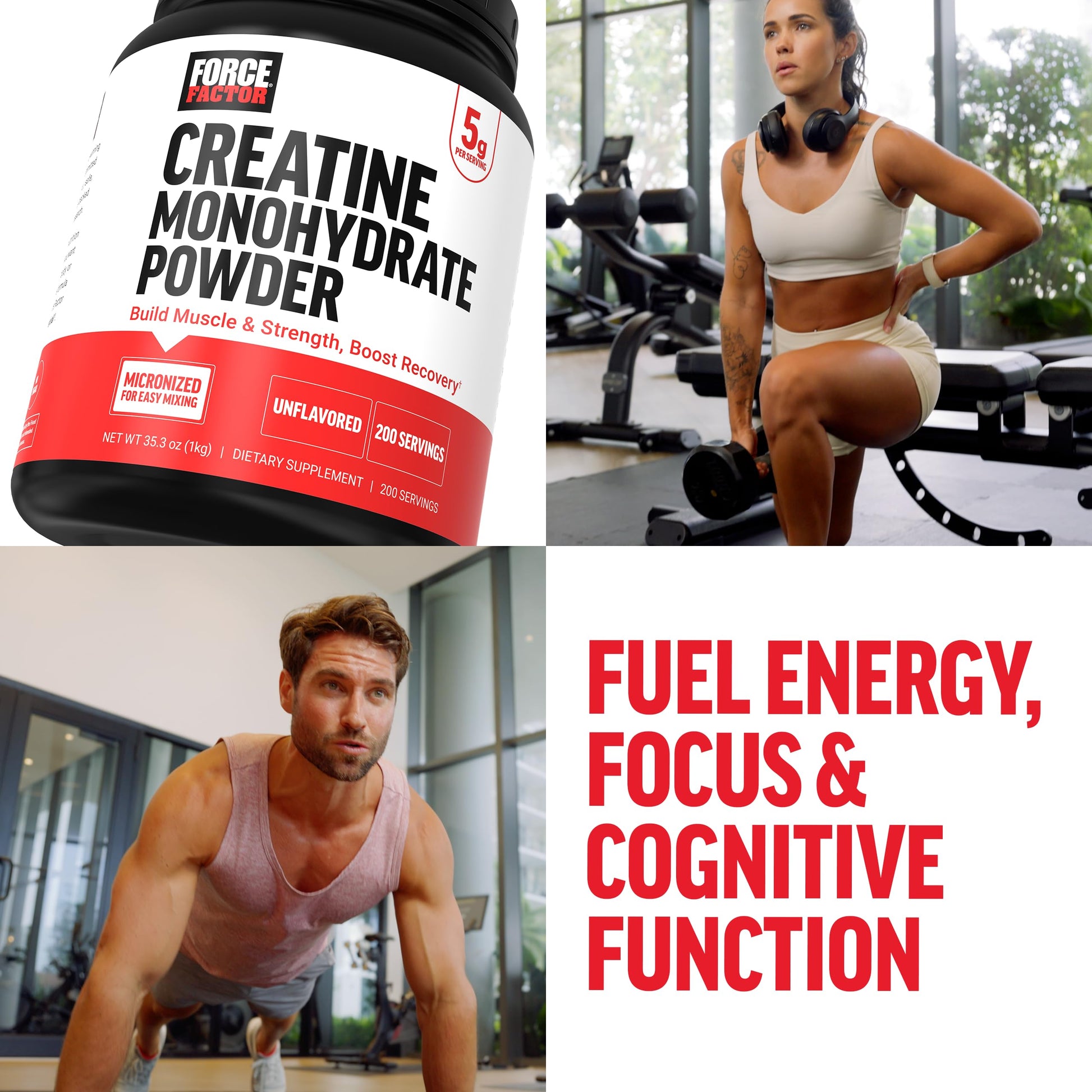 Force Factor Creatine Monohydrate Powder (1KG), 5g Micronized Dose to Support Muscle Growth, Strength, Recovery, Cognitive Health & Memory, Unflavored, 200 Servings - Medaid International