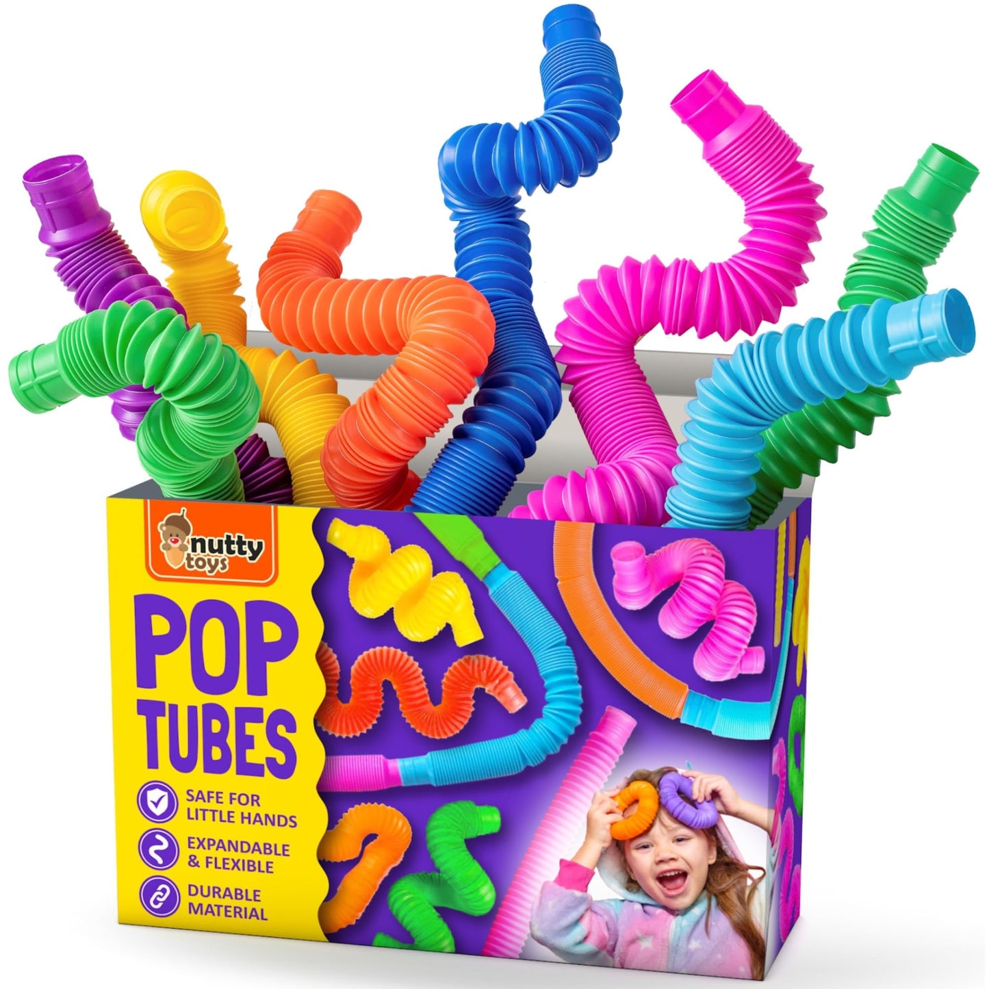 Nutty Toys Pop Tubes - Sensory Toys - Endless Creativity & Fun for Kids and Toddlers |8 Pack Large| - Connect & Pop! Top ADHD Autism Fidget 2025, Best Boy & Girl Christmas Stocking Stuffers Gift Idea - Medaid International