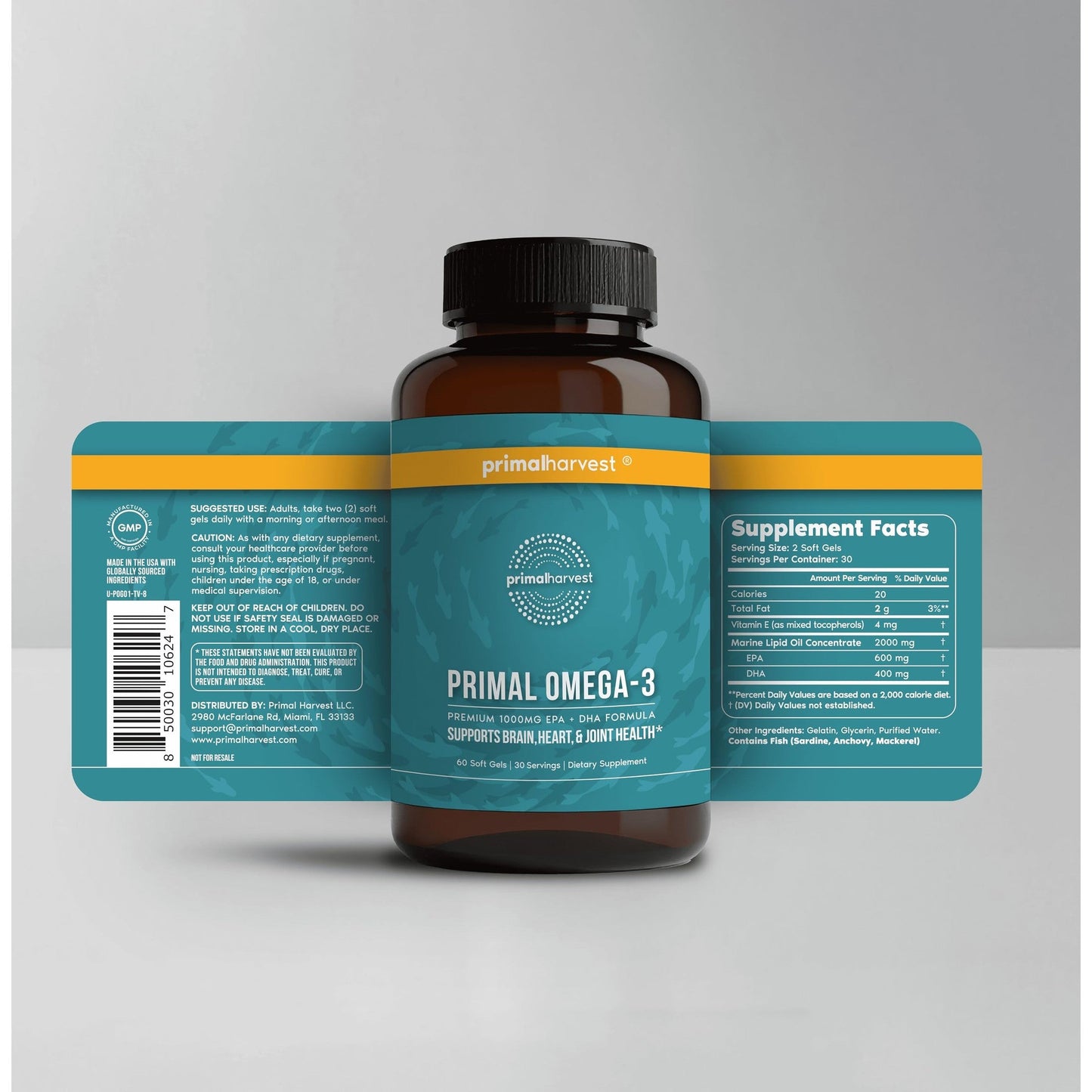 Primal Harvest Omega 3 Fish Oil Supplements, 30 Servings Soft Gels Capsules w/ 1000mg EPA + DHA Supplements, No Fishy Burps Non-GMO Omega 3 Fatty Acid, 2 Pack - Medaid International