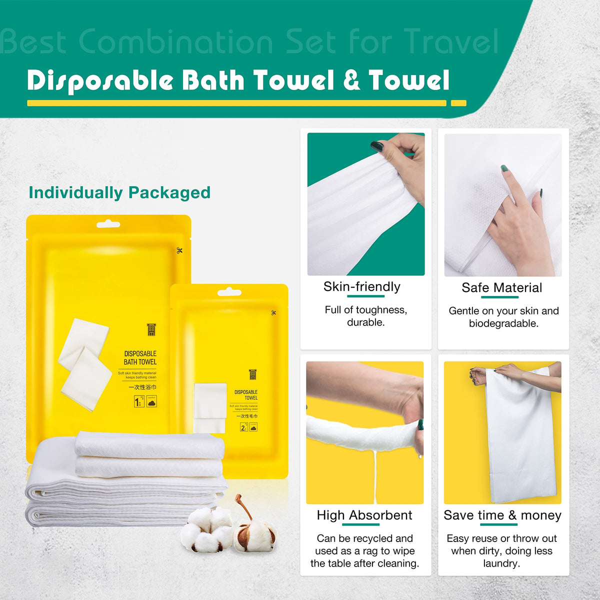 KASTWAVE 4 Pack Travel Disposable Bedding Set, Disposable Bedding Sheets, Sheet for Business Travel Hotel Trip Outdoor Camping, 1 Quilt Covers, 1 Bed Sheet and 2 Pillow Cases, 2 Towel, 2 Bath Towel