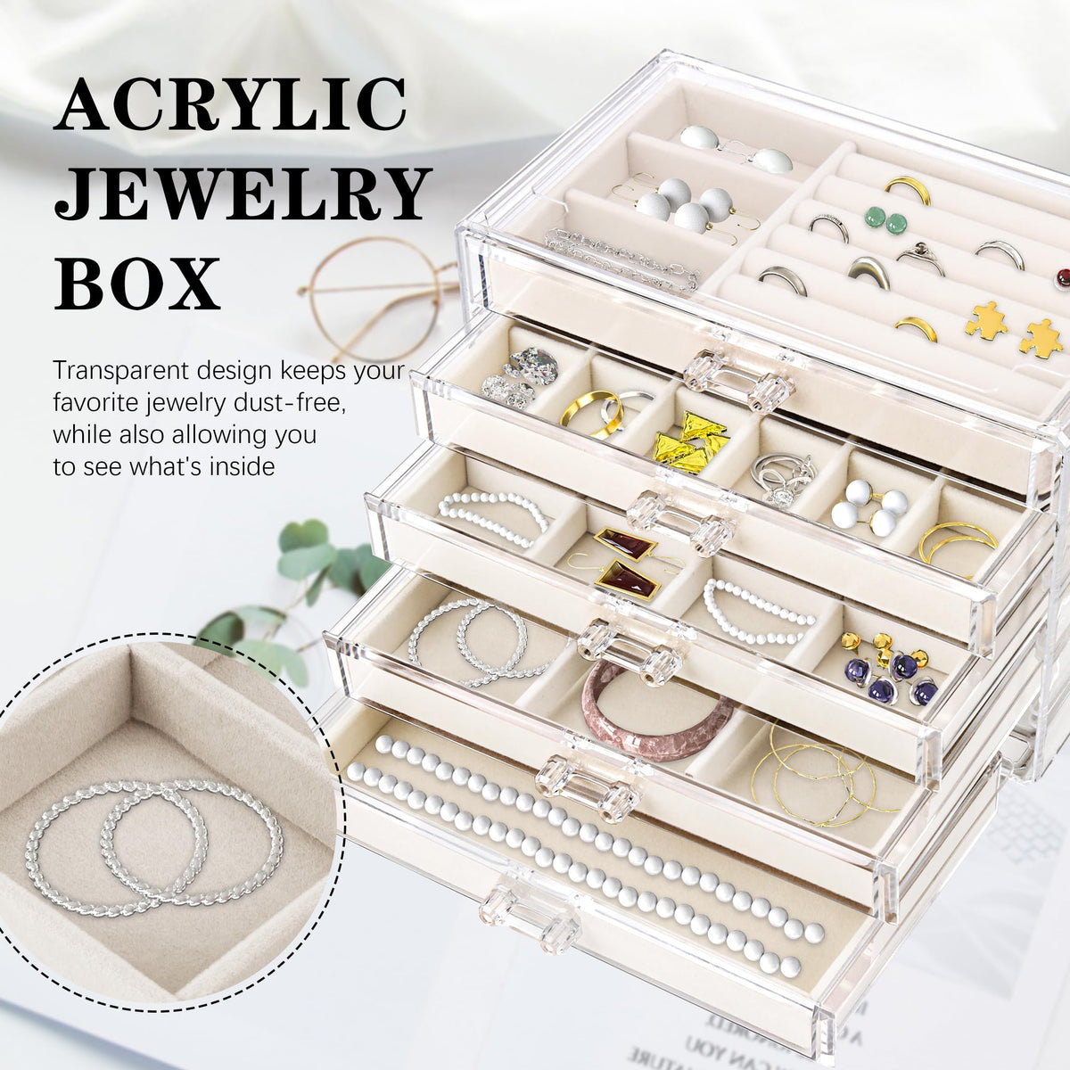 TERRIFI Acrylic Jewelry Organizer with 5 Drawers, Velvet-Lined Jewelry Storage Display, Earring Holder and Necklace Organizer, Elegant Gift for Women, Ideal for Storing and Displaying Jewelry