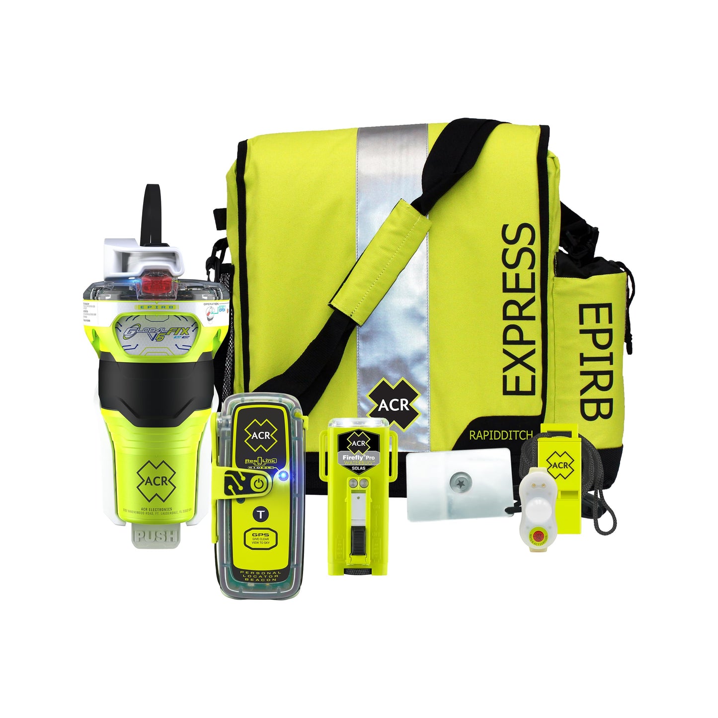 ACR GlobalFix V6 RLS EPIRB Survival Kit with ResQLink 410 RLS PLB, Ditchbag, and signaling Gear ensures Reliable Emergency Response, Providing Vital Safety and Rescue Tools.-2339.1
