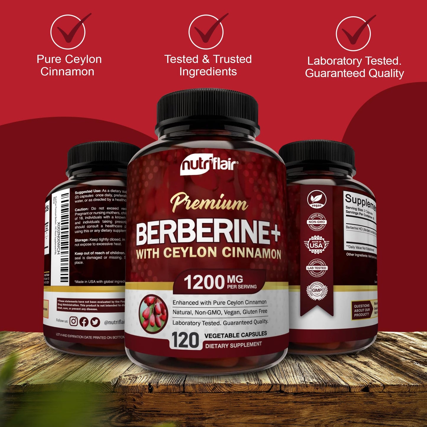 NutriFlair Premium Berberine HCL 1200mg, 120 Capsules - Plus Pure True Ceylon Cinnamon, Berberine HCI Root Supplements Pills - Immune System - yields an Optimal 8% HCl - Medaid International