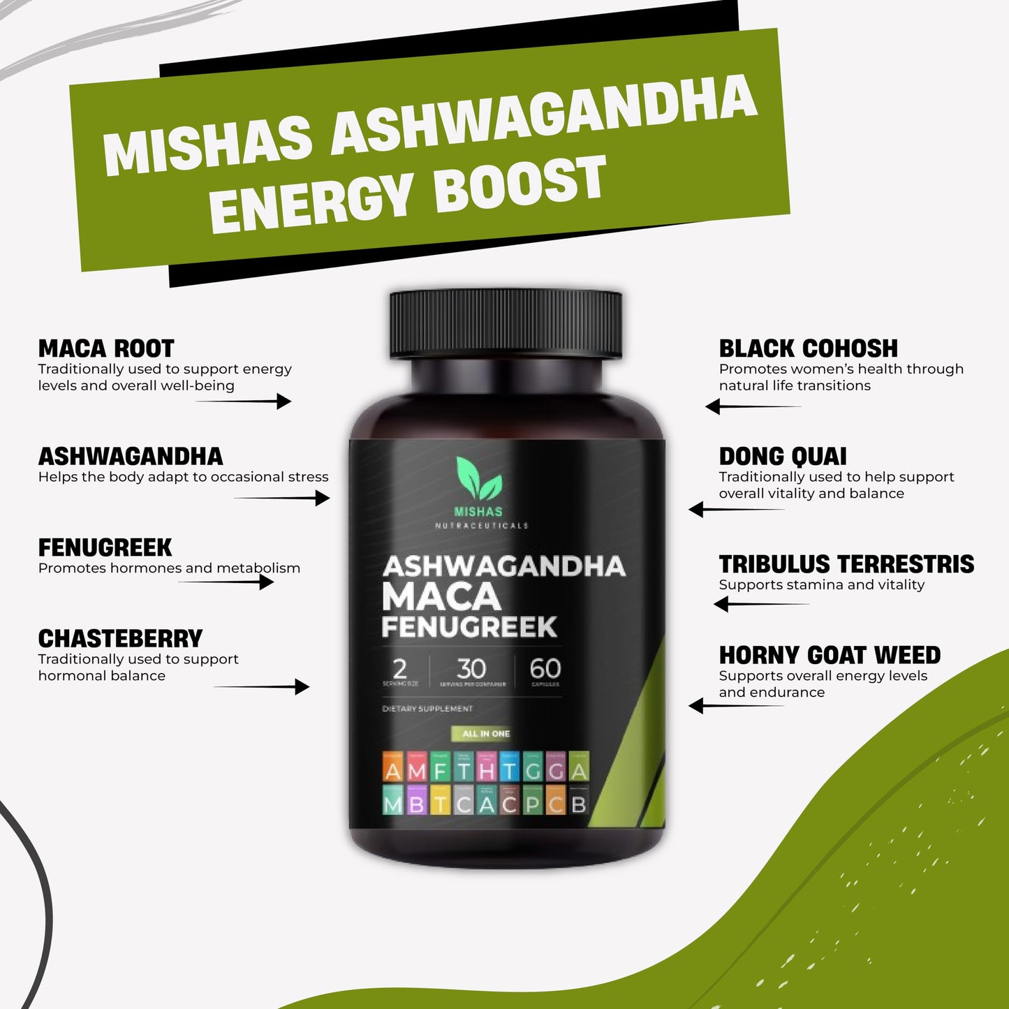 Mishas Nutraceuticals Ashwagandha, Maca Root, Fenugreek Supplement with Ginseng – Supports Stress Relief, Mood Balance & Thyroid Health – 60 Capsules - Medaid International