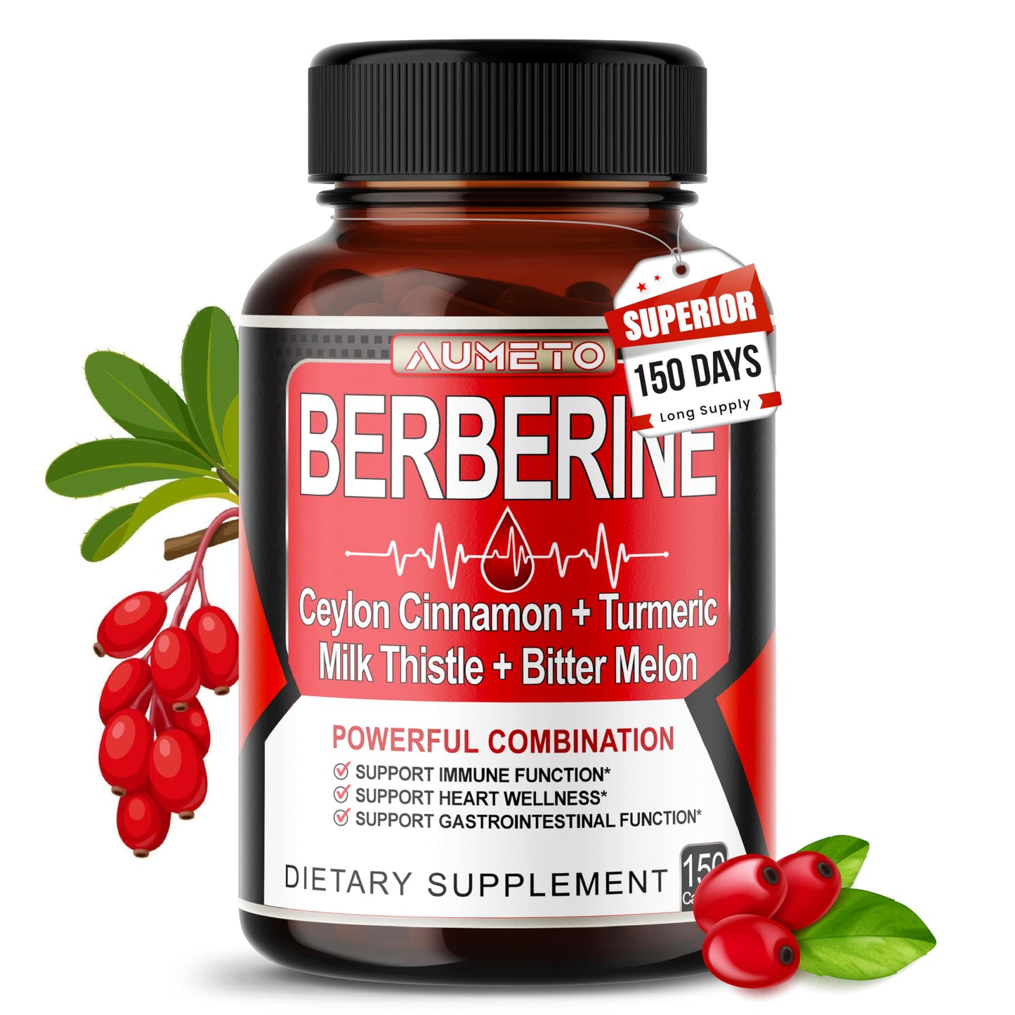 Berberine Supplement - Enhanced with Ceylon Cinnamon, Turmeric, Milk Thistle, Bitter Melon for Digestion, Immunity & Weight Managament (150 Count (Pack of 1)) - Medaid International