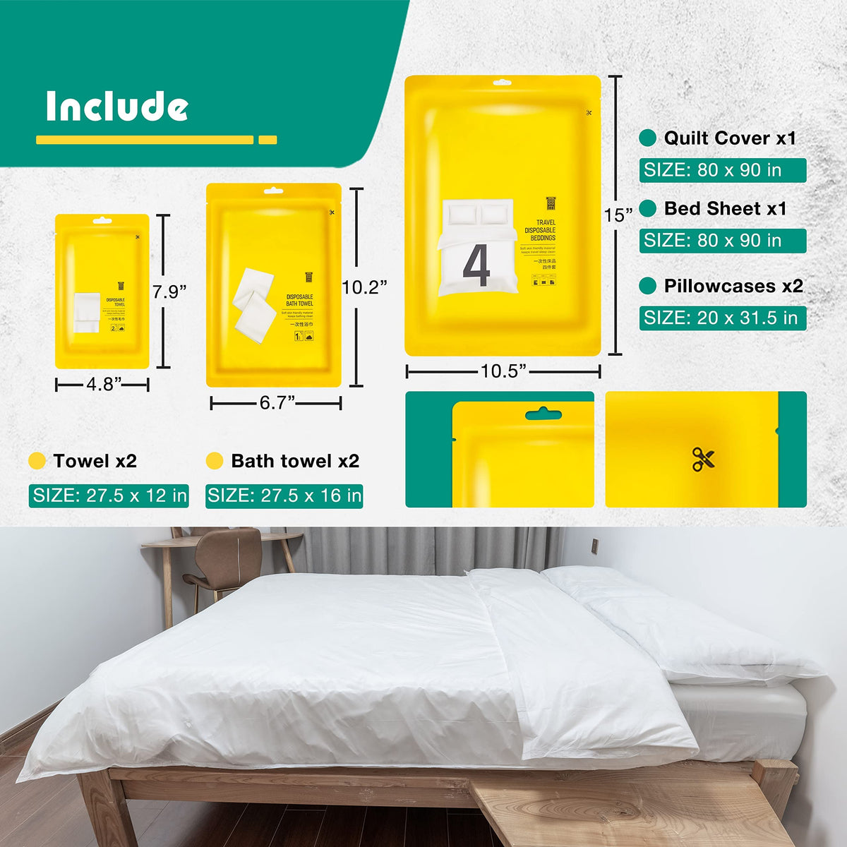 KASTWAVE 4 Pack Travel Disposable Bedding Set, Disposable Bedding Sheets, Sheet for Business Travel Hotel Trip Outdoor Camping, 1 Quilt Covers, 1 Bed Sheet and 2 Pillow Cases, 2 Towel, 2 Bath Towel