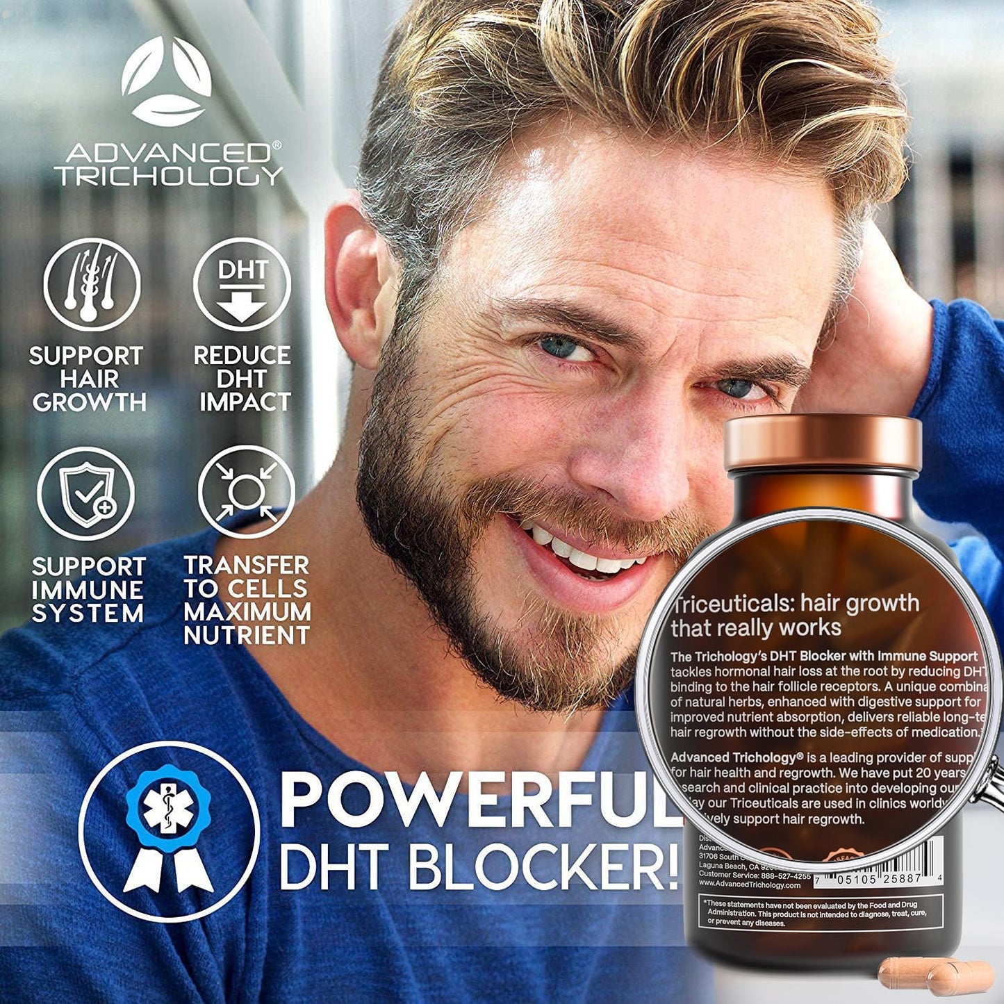 Advanced Trichology DHT Blocker - Hair Growth Supplement for Genetic Thinning for Men and Women | Approved* by American Hair Loss Association - 120 Count (Pack of 1) - Medaid International