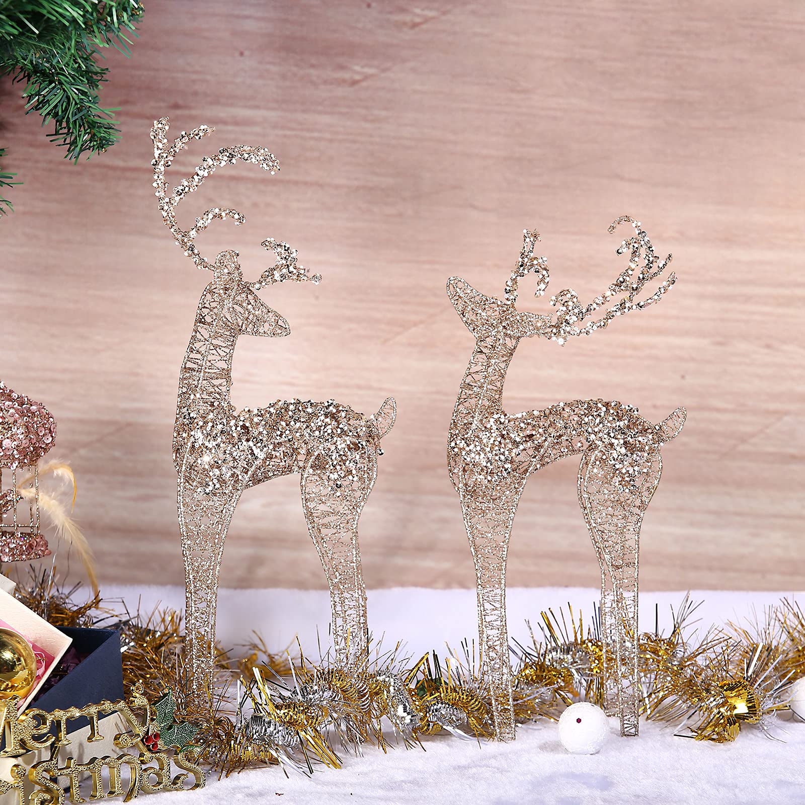 ZHANYIGY 2pc Set White Pearl Champagne Winding for Standing Reindeer Decorations Christmas Reindeer Figurine Table Desk Decorations Glittering Xmas Holiday Party Supply - Medaid International