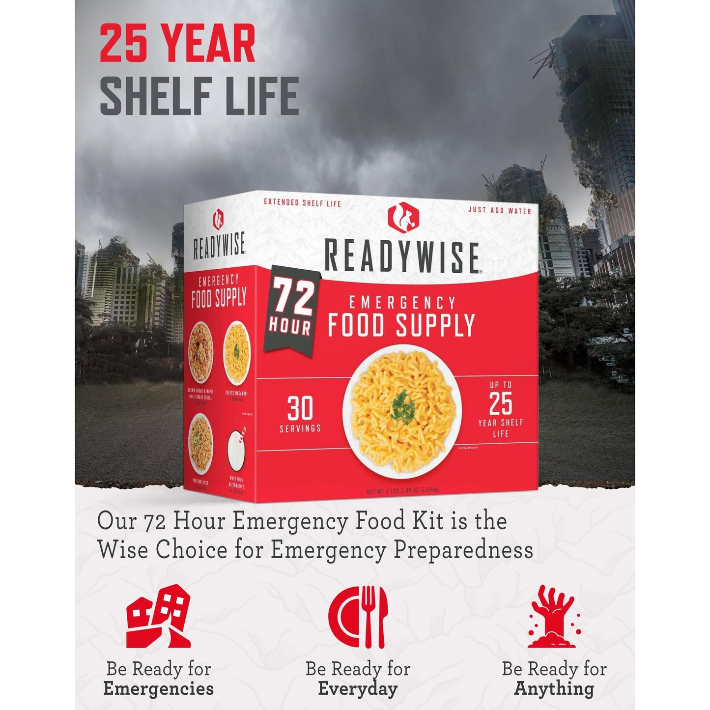 ReadyWise Emergency Food Supply - 72 Hour Survival Kit, 30 Servings of Protein Meals, Freeze Dried Food for Backpacking, Camping Essentials & Disaster Prepping Supplies, up to 25 Year Shelf Life