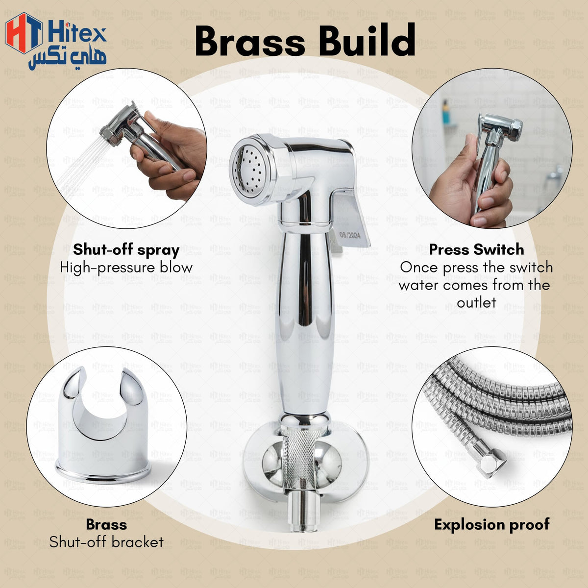 HITEX Milano Luxury Brass Shattaf Set – Chrome Plated Handheld Bidet Spray with Hose & Holder | Easy Installation, Durable & Rust Resistant, Smooth Finish for Bathroom Hygiene