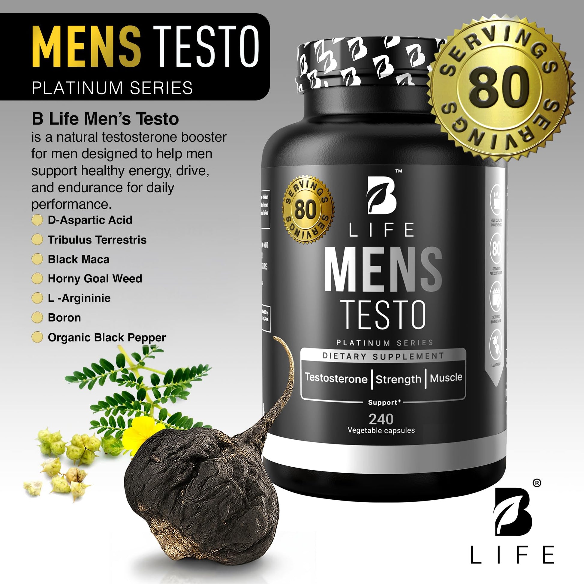 Testosterone Booster Supplement for Men | Boron Supplement for Men with Tribulus Terrestris, Black Maca, Horny Goat Weed, L-Arginine | Stamina, Endurance, Muscle Growth & Strength | 80 Servings - Medaid International