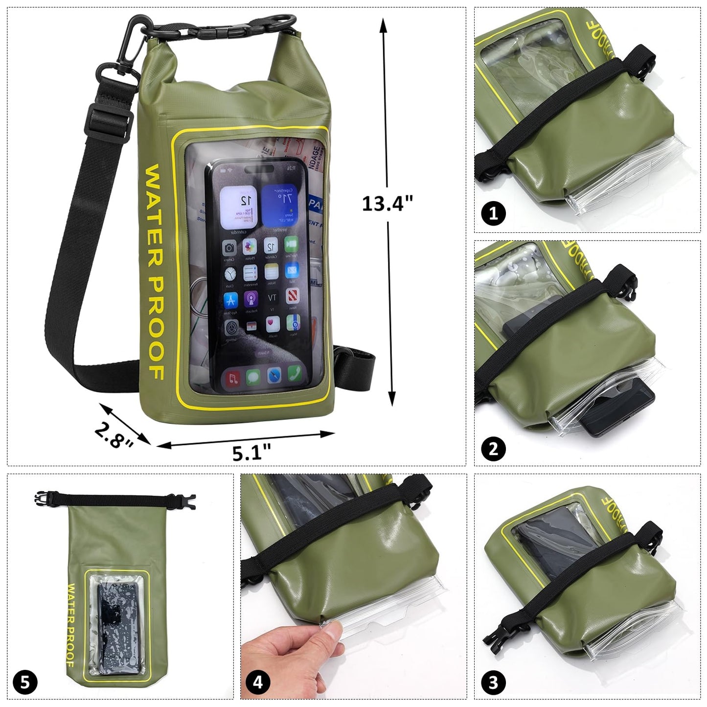 GPUSFAK 154 Pieces Waterproof Boat First Aid Kit Dry Bag with Cell Phone Bug Out Bags Pouch Roll Top Boat Emergency Kit 2-in-1 for Camping Fishing Kayaking Swimming Rafting ArmyGreen