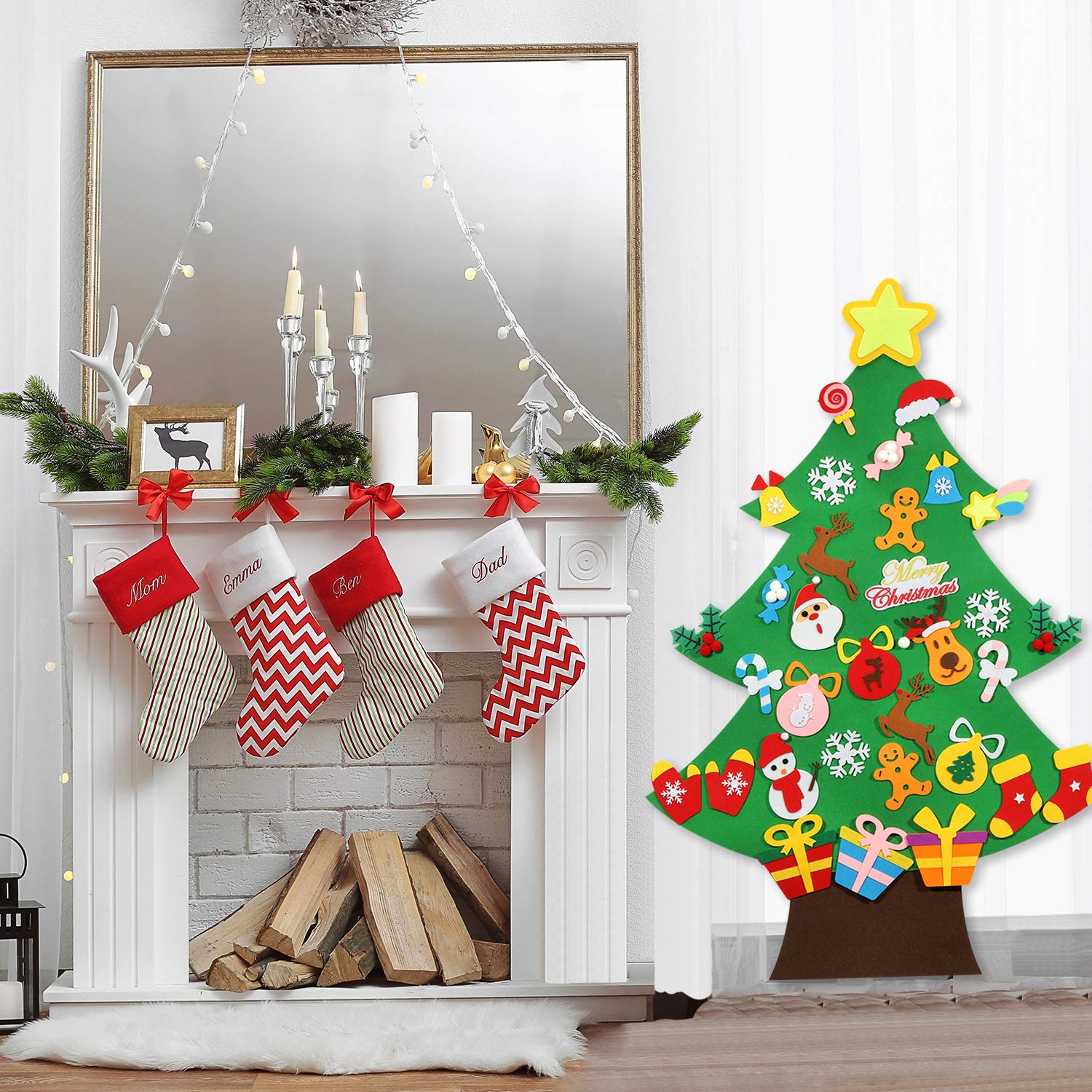 TOBEHIGHER DIY Felt Christmas Tree - 3.6 FT, 41 Piece Ornament Set, 3D Design, Reusable Adhesive Pads, Green, Life-Size, Unisex, Christmas Theme, Art & Craft Kit for Kids - Medaid International