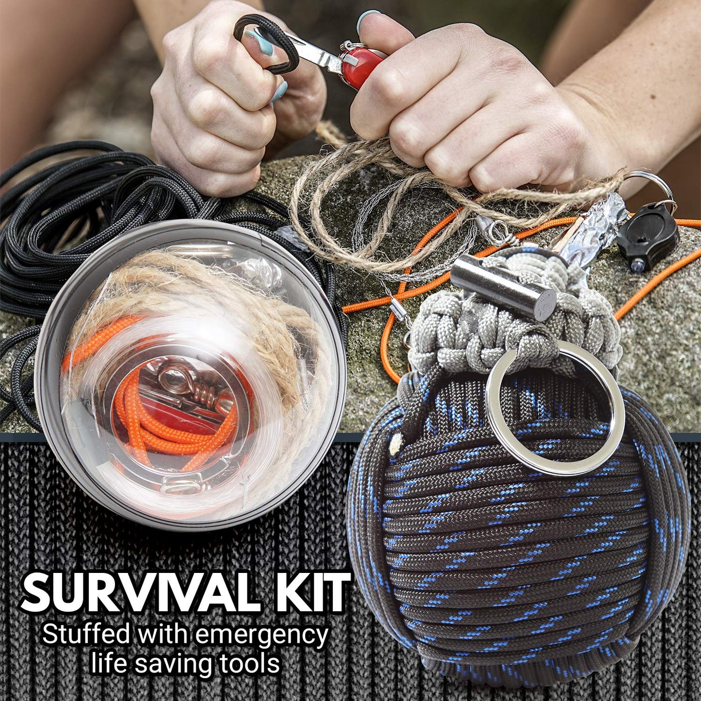 Paracord Emergency Carabiner Grenade with 48 Survival Tools (Blue+Black) - Grenade-Tied 550 Parachute Cord for Outdoor Preparedness - Holtzman's Gorilla Survival