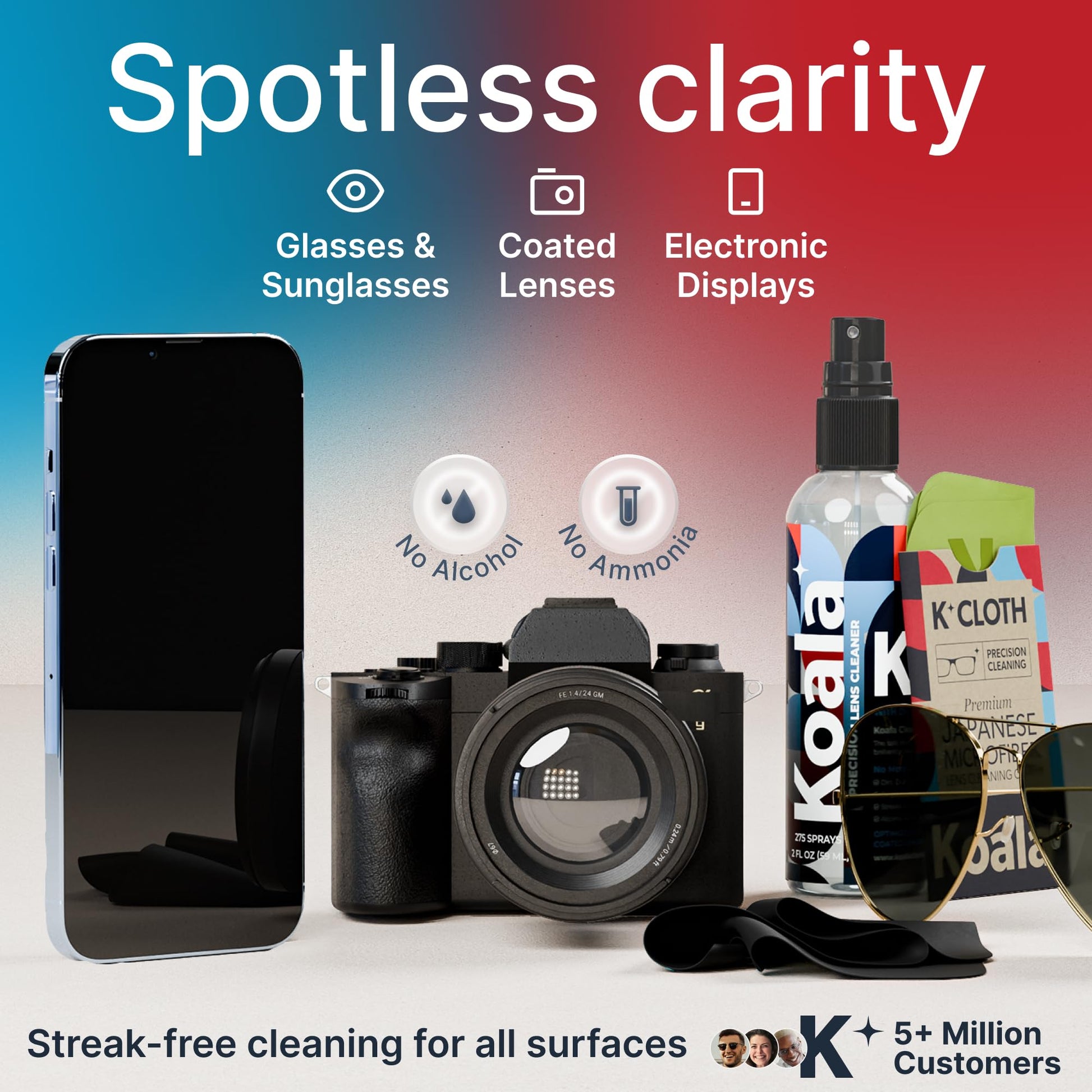 Koala Eyeglass Lens Cleaner Spray Kit | (2x) 8oz + (1x) 2oz Glasses Cleaner Bottle + (3x) Microfiber Cloth | Alcohol Free Eyeglasses, Screen, and Camera Cleaning Kit (6 Piece Set) - Medaid International