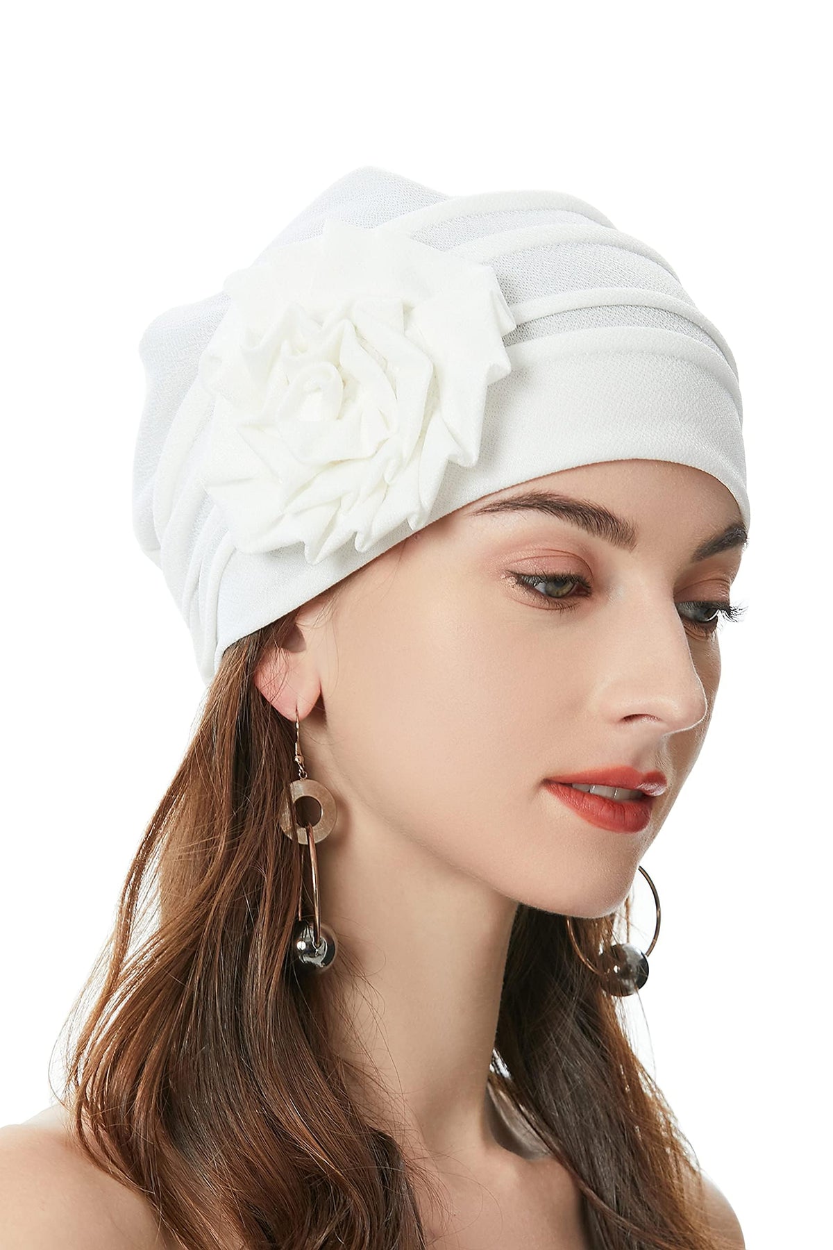 TERRIFI Women's Turban Beanie Hat with Flower - Elastic Chemo Headwear, Floral Head Wrap Cap, White