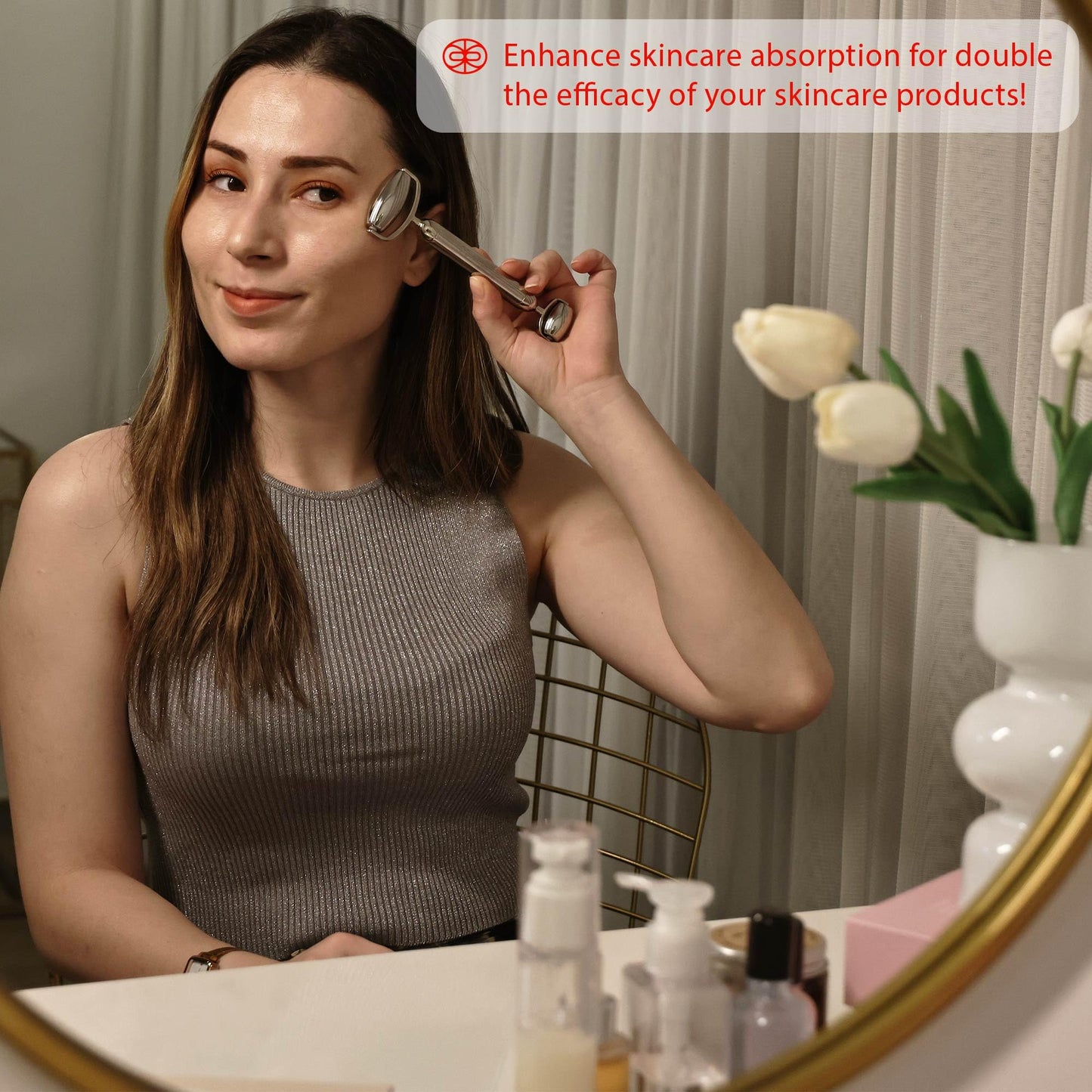 Rena Chris Gua Sha and Face Roller Set: Anti-Breakage Stainless Steel Roller for Long-Lasting Use, Jawline Sculpting and Puffiness Reducing, Gua Sha Facial Tools for Self Care Gift (Silver) - Medaid International
