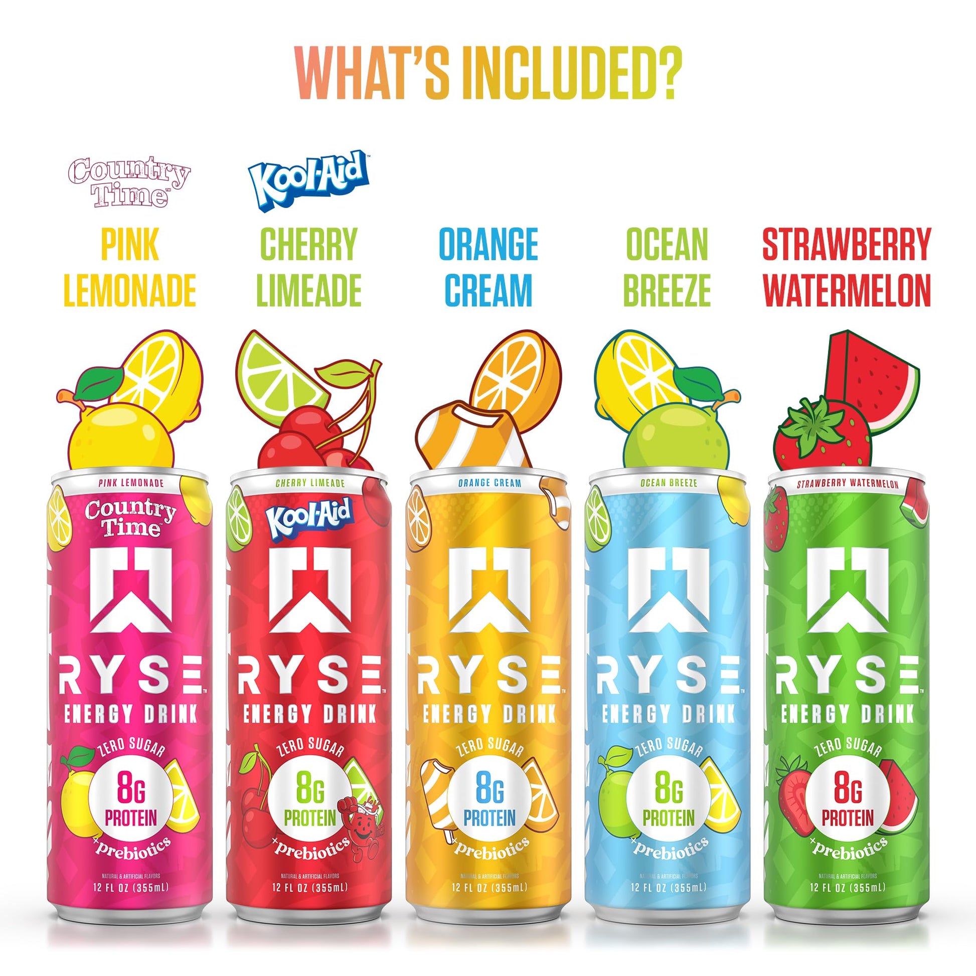 RYSE Functional Energy Drink - 5 Flavors Variety Pack - 150mg Natural Caffeine, 8g Whey Protein & 1g Prebiotics - Sugar Free, Gut-Friendly, Bloat-Free - 12 fl oz Cans (12-Pack) - Medaid International