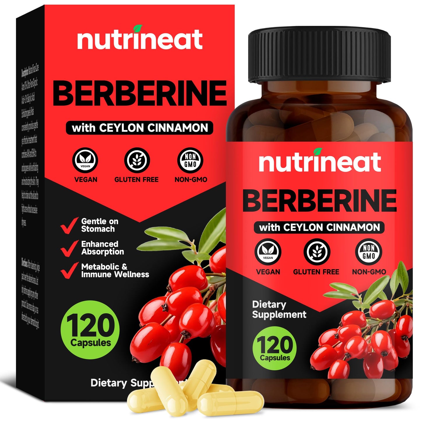 NutriNeat Berberine HCL Supplement (120 Capsules), Berberine Supplement with Phytosome Plus Botanical Extract, 200mg Berberine Plus 100mg Ceylon Cinnamon, Concentrated Berberine 500mg Supplements - Medaid International