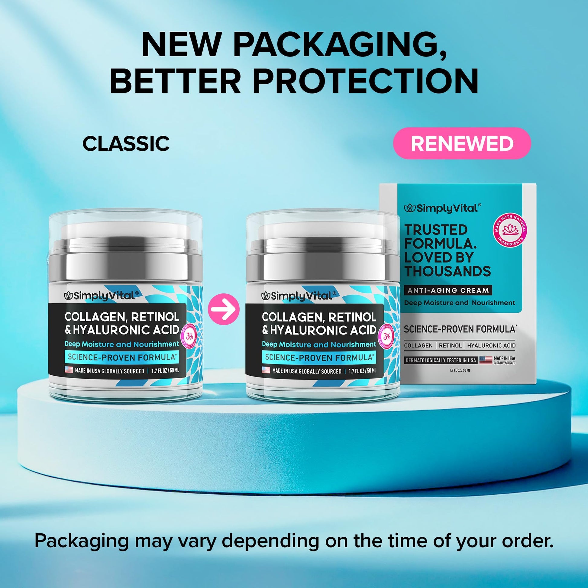 SimplyVital Collagen, Retinol & Hyaluronic Acid Cream - Anti-Aging Face Moisturizer for Face, Firming Skin Care Neck & Décolleté - Made in USA, Daily Moisturizer Face Cream Day & Night - 1.7 fl.oz. - Medaid International
