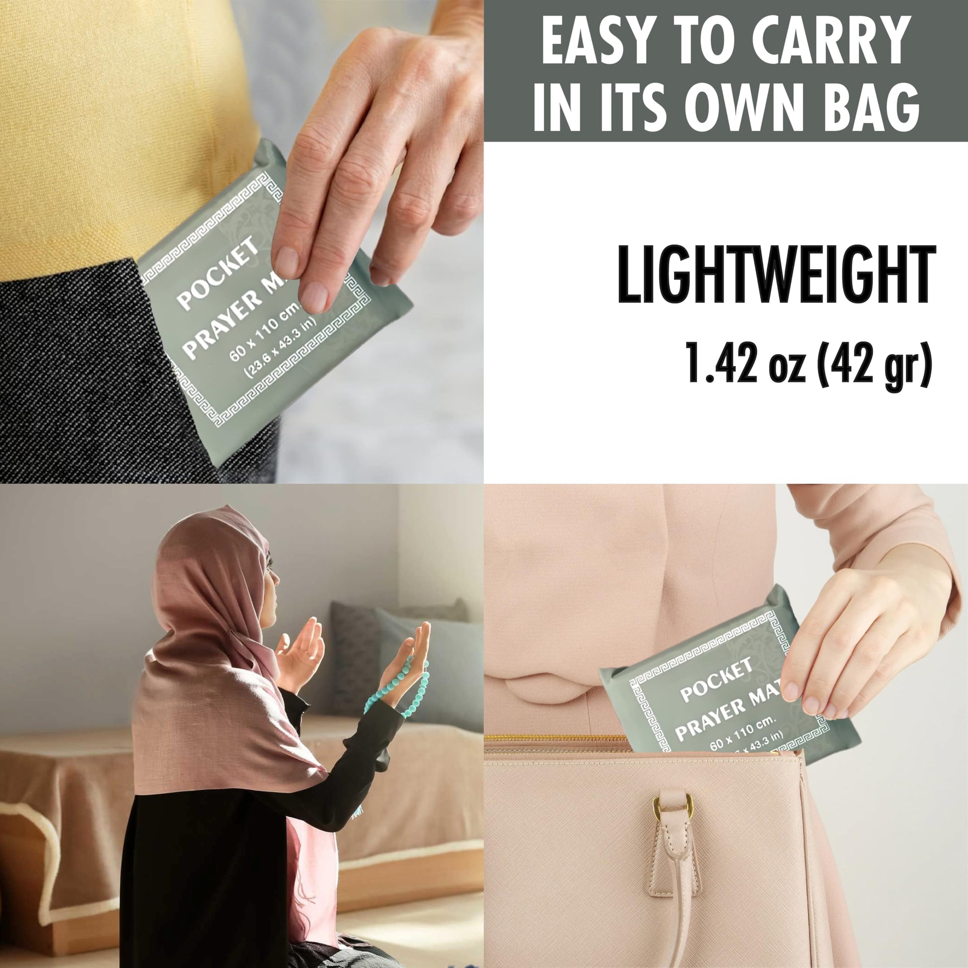 Portable Travel Praying Mat,23.6 in x 43.3 in Muslim Prayer Rug, Foldable Prayer Mat, Pocket Size Waterproof Praying Mat with Iron Corners, Ramadan Eid Gift, Grey - Medaid International
