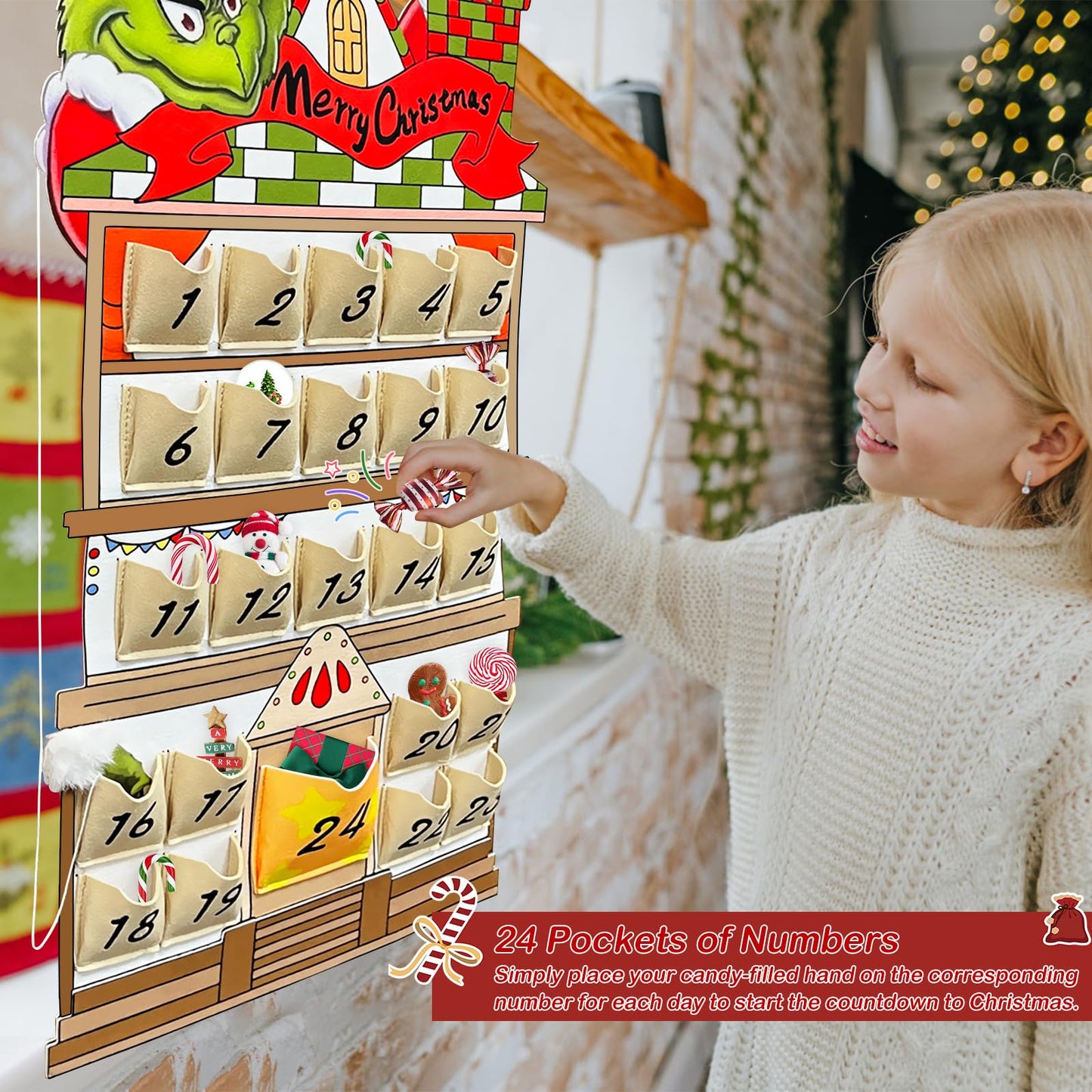 KOUPA Hanging Christmas Countdown Advent Calendar, Santa Grinch Green Haired Monster Decoration, Reusable Xmas Gift for Holiday Party Winter - Medaid International